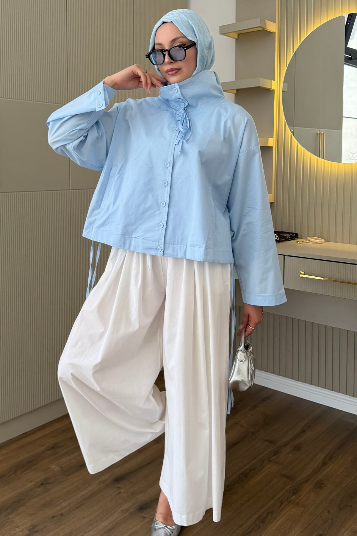 Önden Düğmeli Bağcıklı Ceket Gömlek-BEBE MAVİ