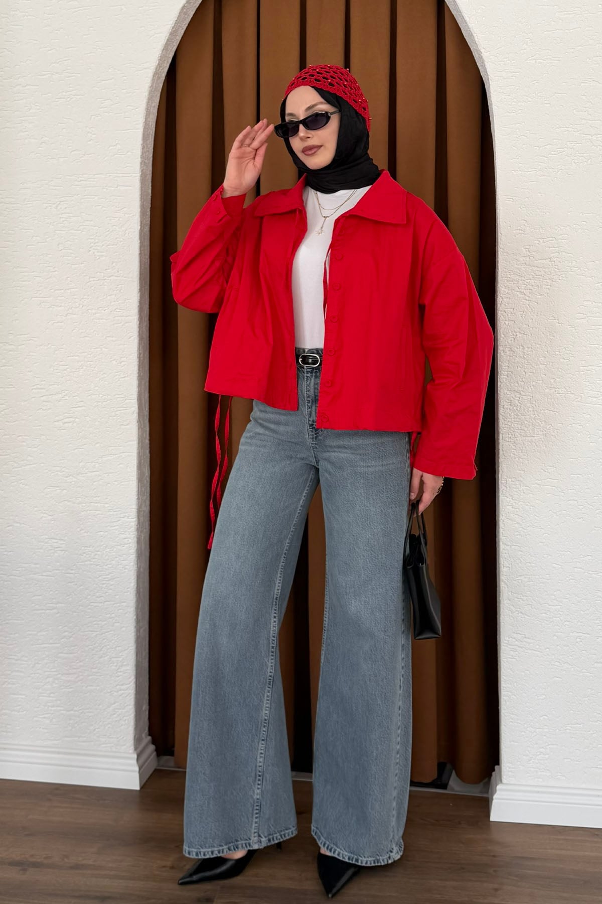 Önden Düğmeli Bağcıklı Ceket Gömlek-KIRMIZI