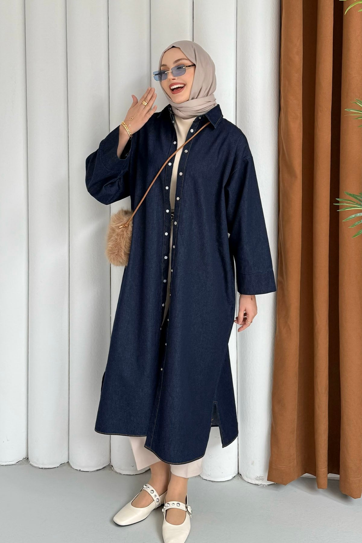 Önü Düğmeli Denim Tesettür Kap-KOYU MAVİ