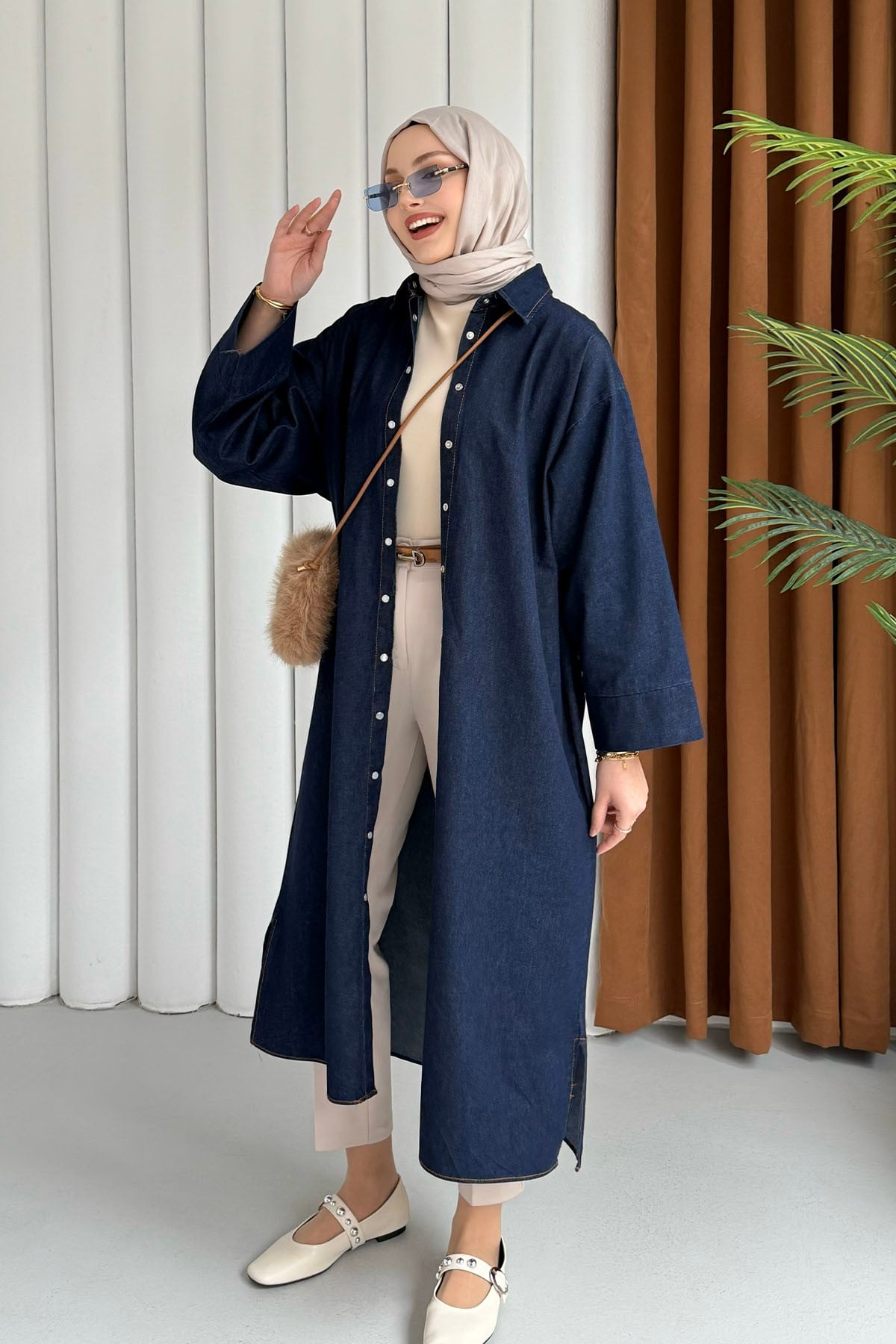 Önü Düğmeli Denim Tesettür Kap-KOYU MAVİ