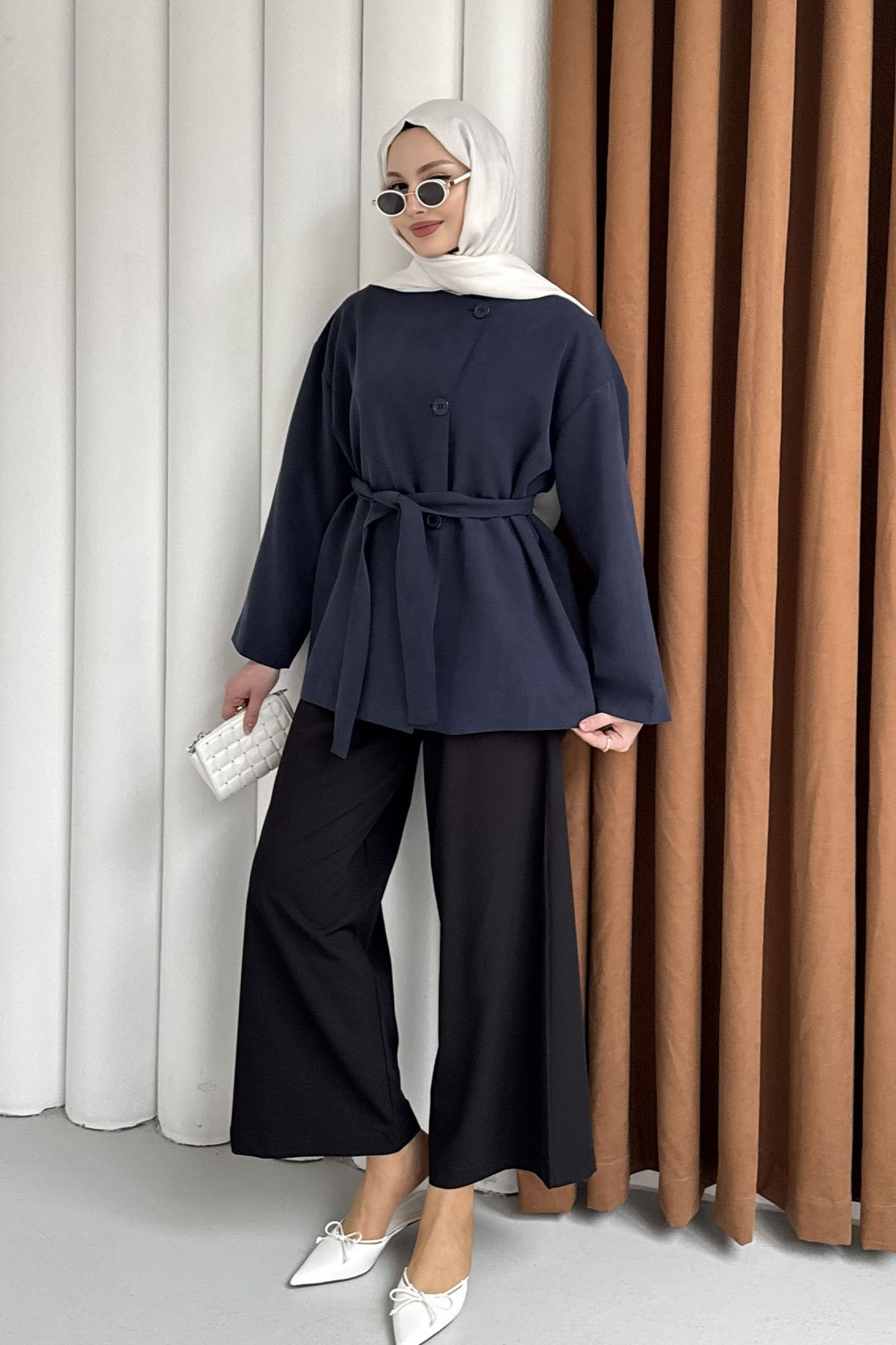 Önü Düğmeli Seyyar Kuşaklı Ceket-LACİVERT