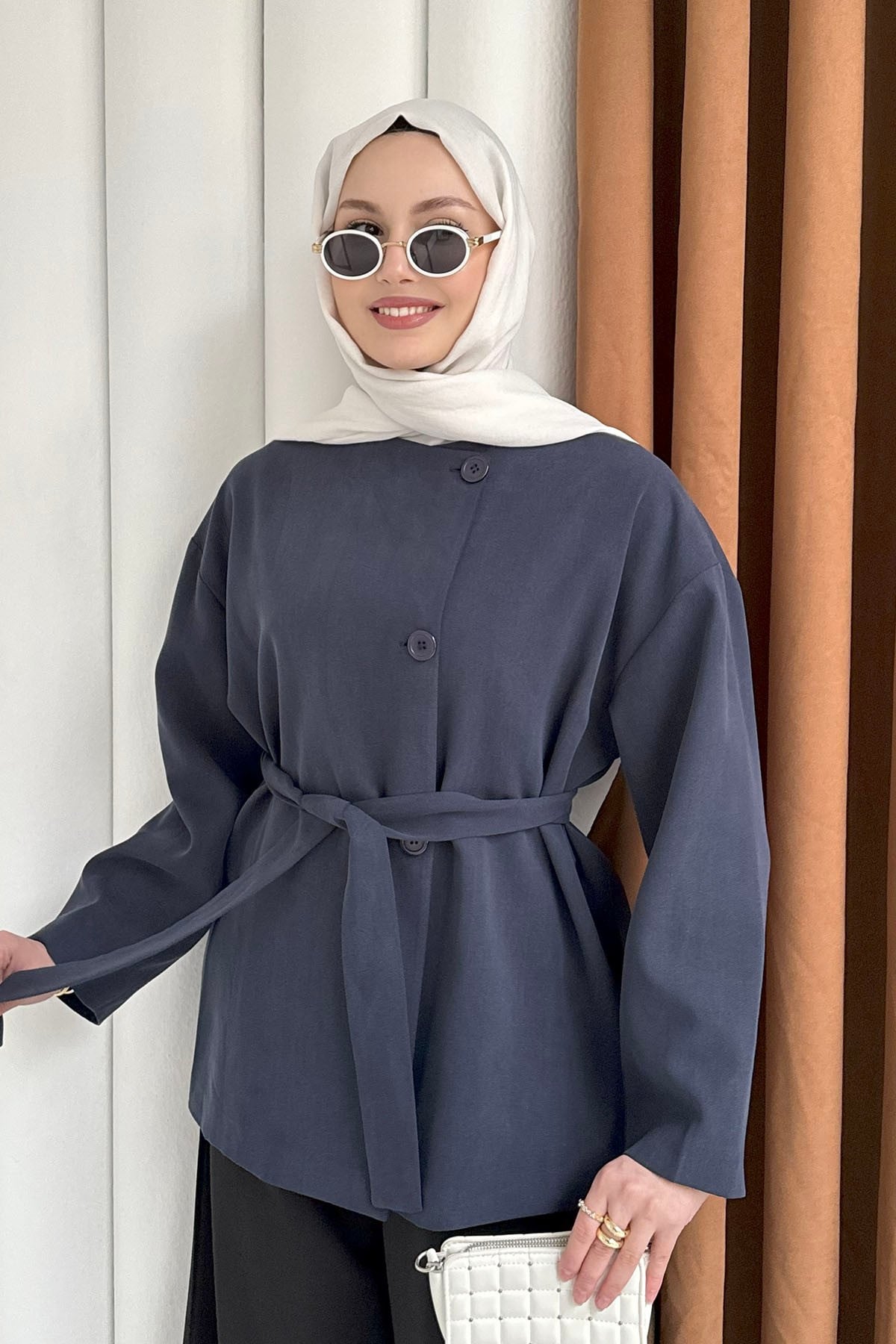 Önü Düğmeli Seyyar Kuşaklı Ceket-LACİVERT