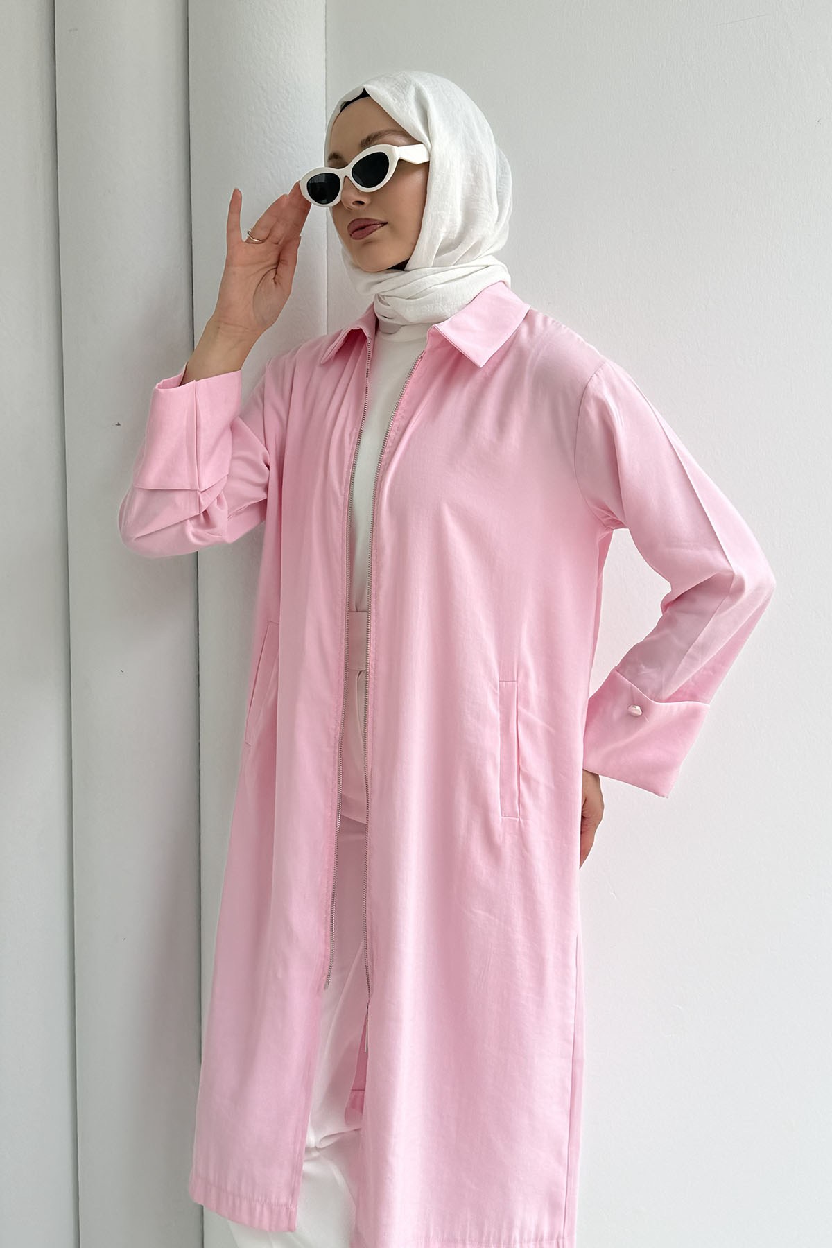 Önü Fermuarlı Nefes Alan Tensel Kumaş Kap-PEMBE