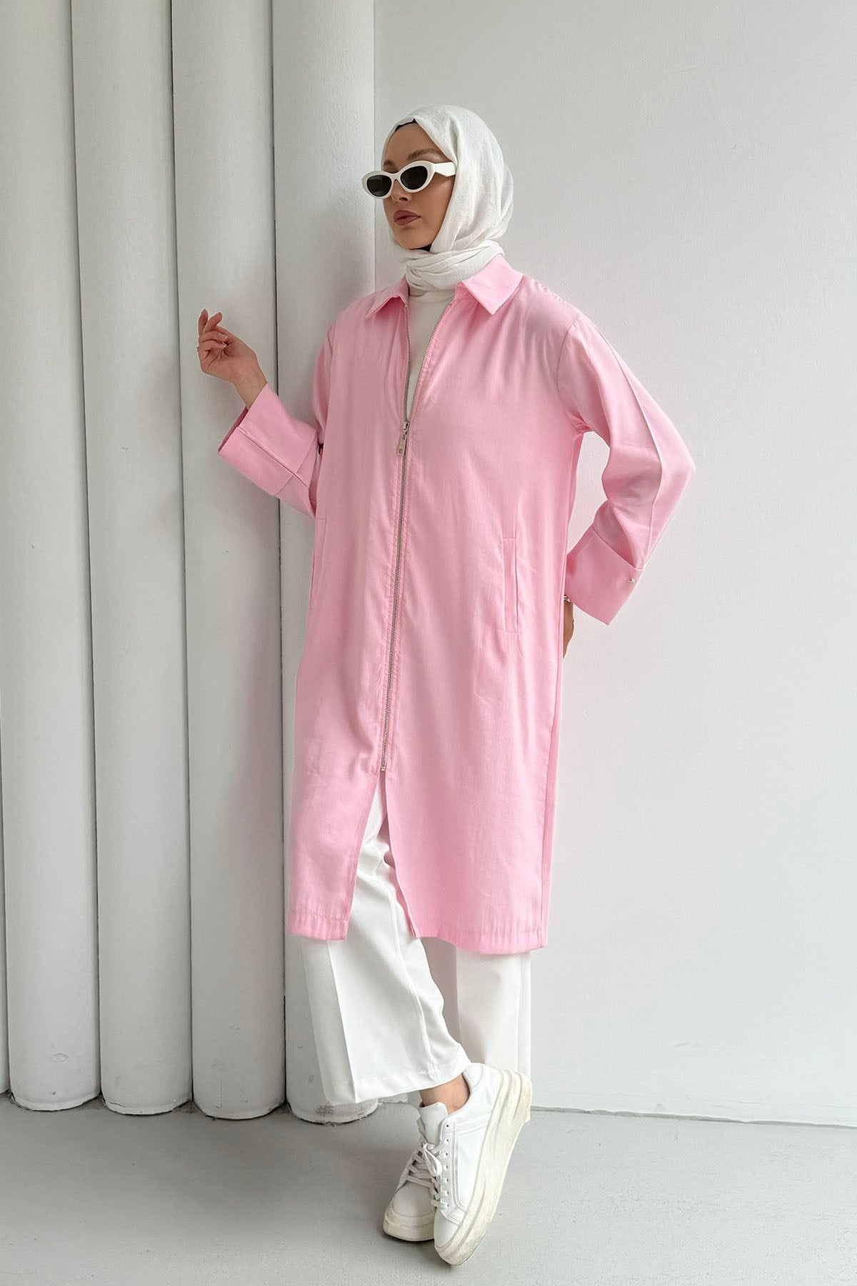 Önü Fermuarlı Nefes Alan Tensel Kumaş Kap-PEMBE