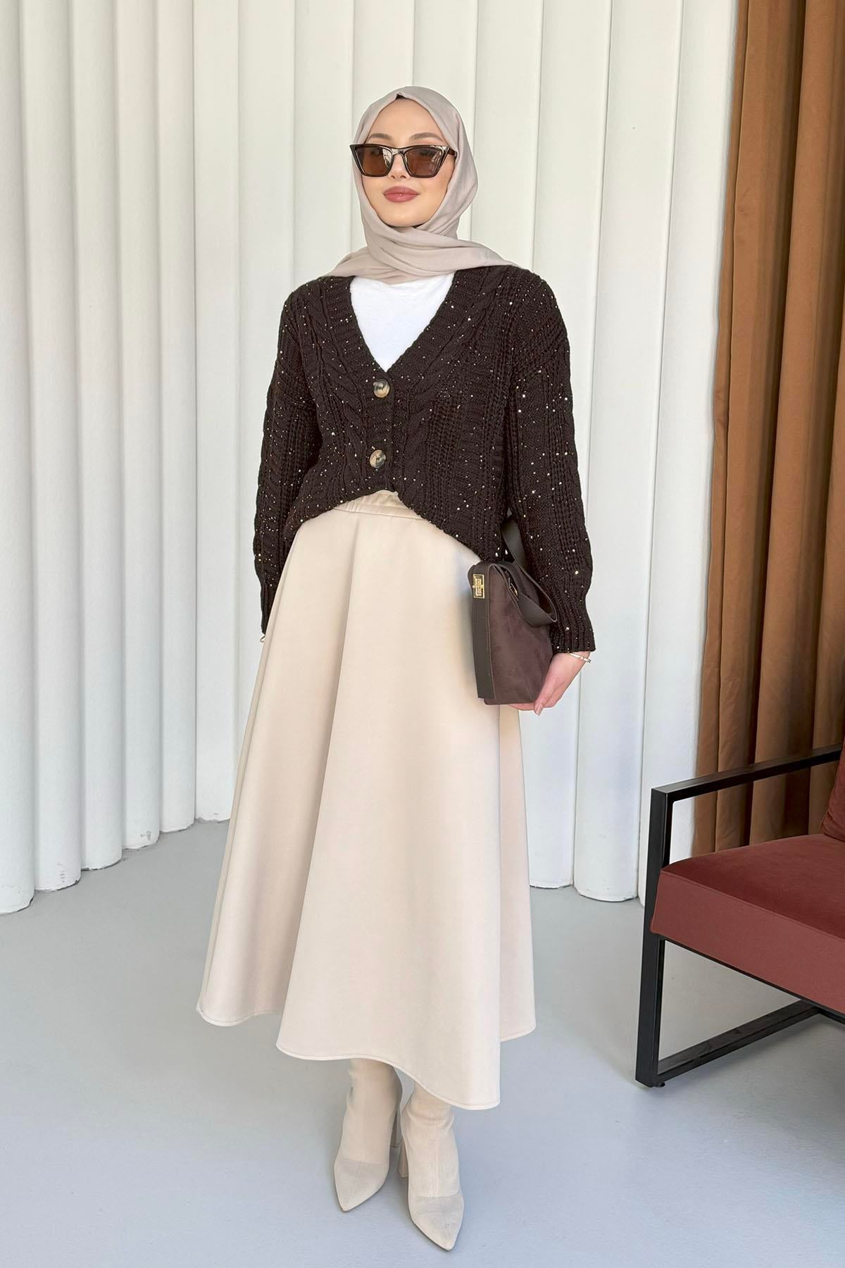 Örgü Detaylı Dört Düğmeli Balon Kol Triko Hırka-KAHVERENGİ