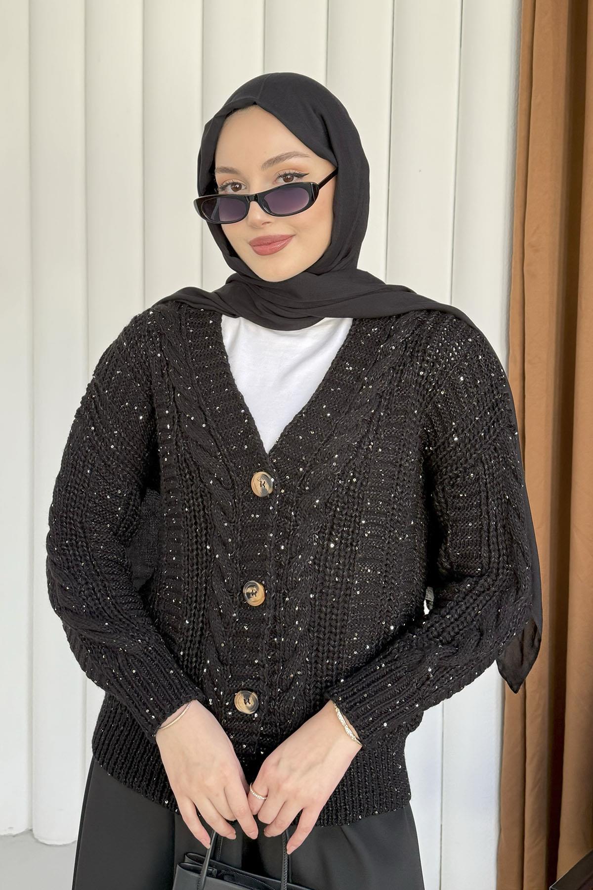 Örgü Detaylı Dört Düğmeli Balon Kol Triko Hırka-SİYAH