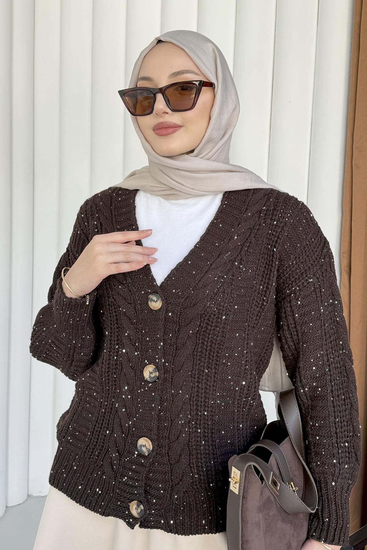 Örgü Detaylı Dört Düğmeli Balon Kol Triko Hırka-KAHVERENGİ