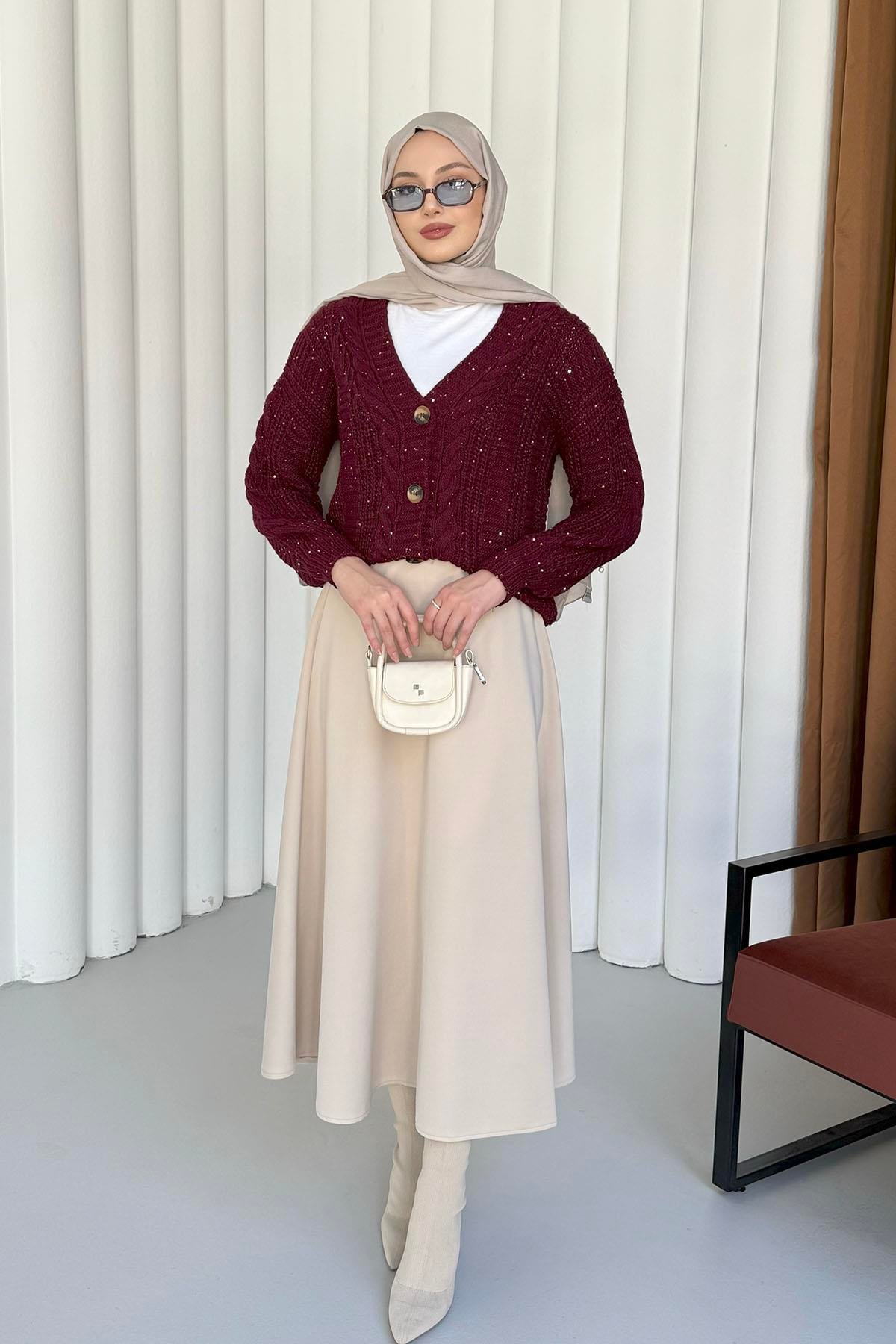Örgü Detaylı Dört Düğmeli Balon Kol Triko Hırka-BORDO