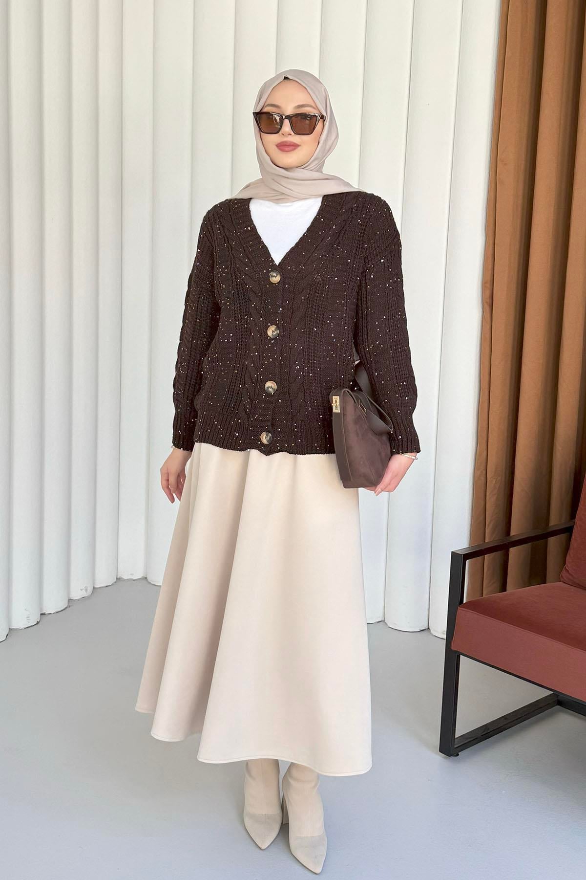 Örgü Detaylı Dört Düğmeli Balon Kol Triko Hırka-KAHVERENGİ