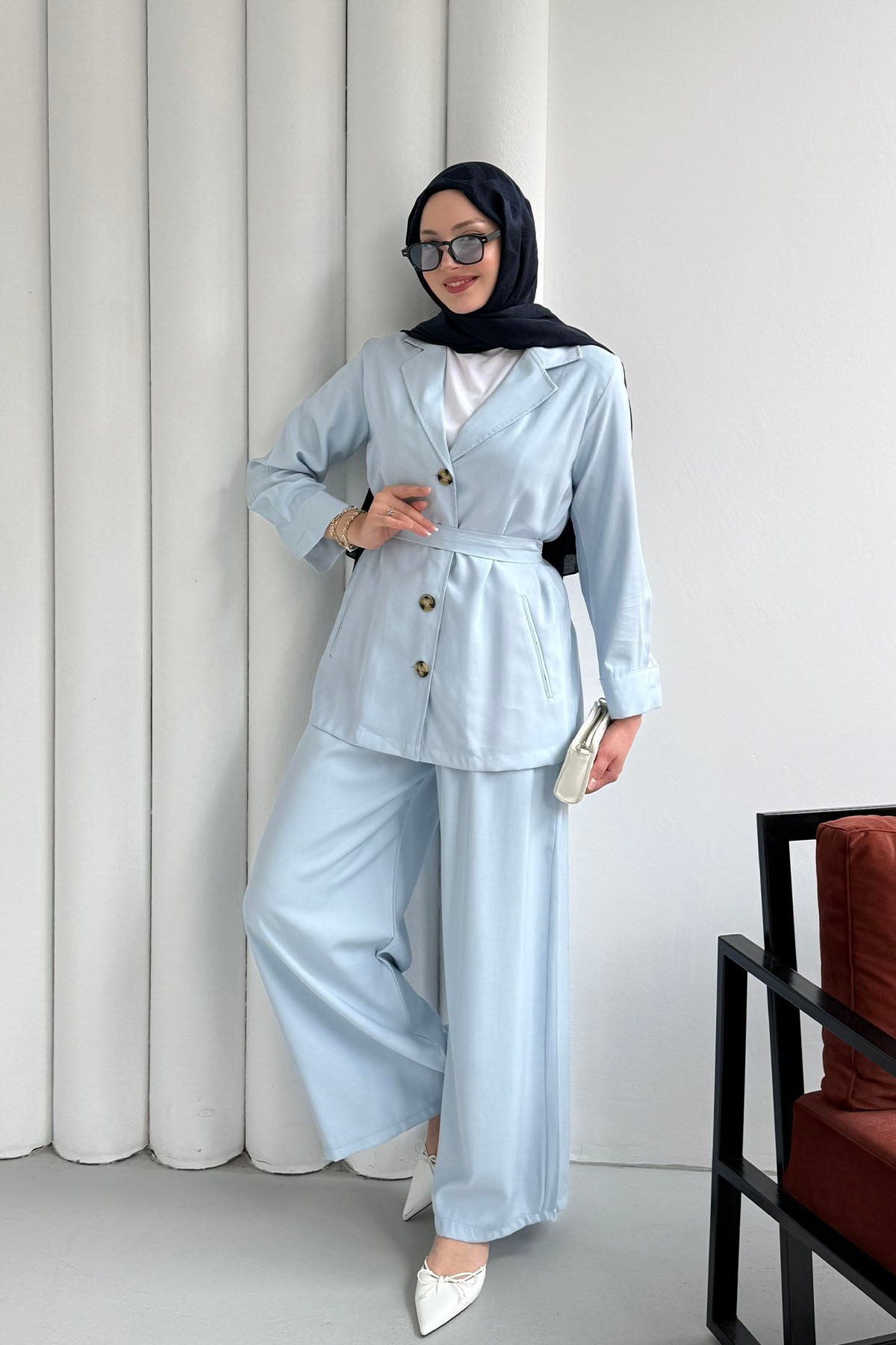 Oversize Ceket Pantolon Tesettür Takım-BEBE MAVİ