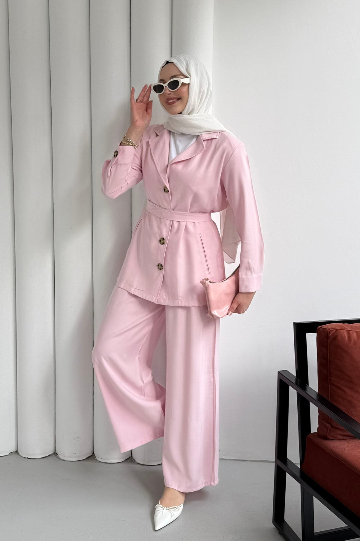 Oversize Ceket Pantolon Tesettür Takım-PEMBE