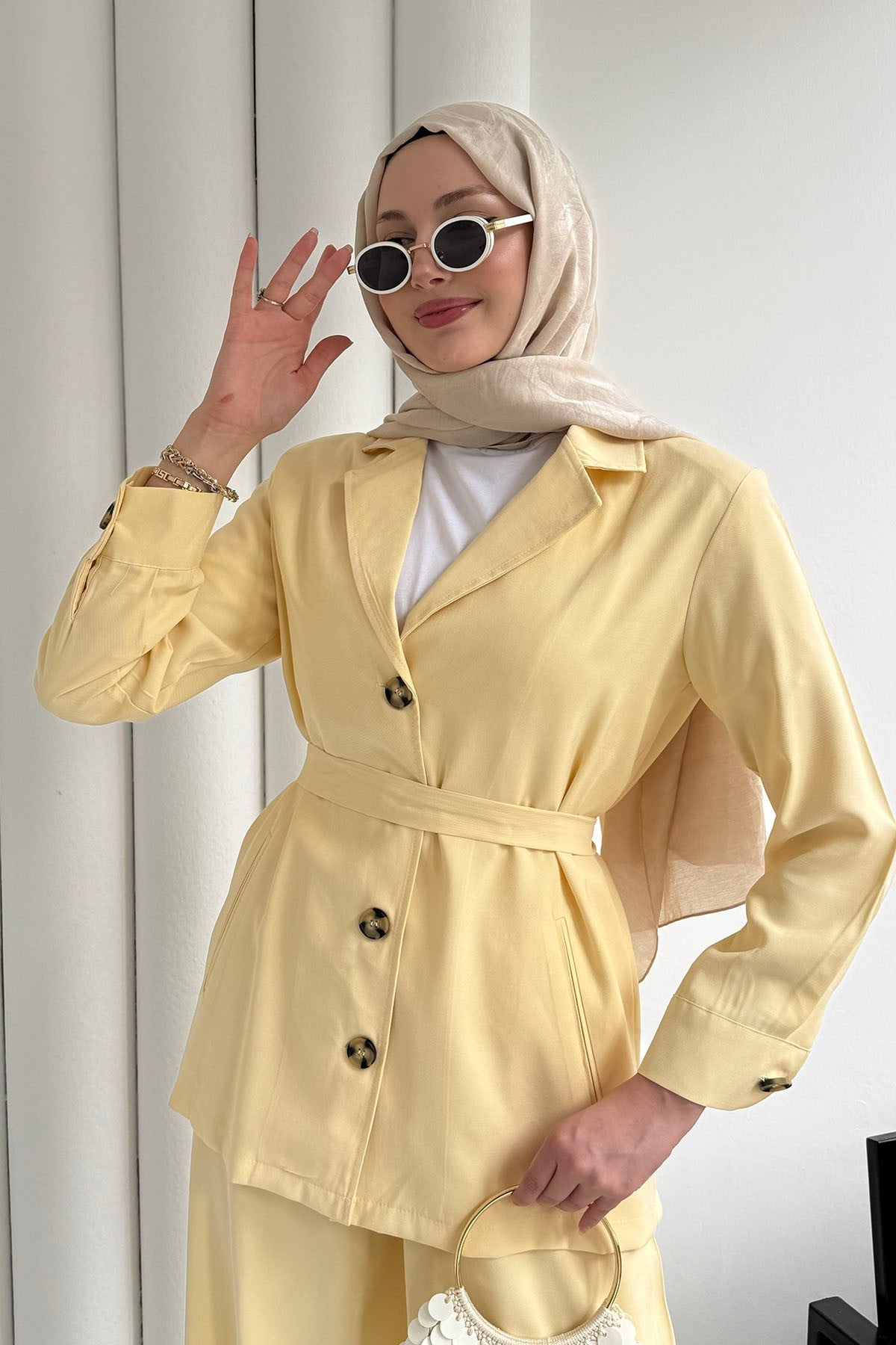 Oversize Ceket Pantolon Tesettür Takım-SARI