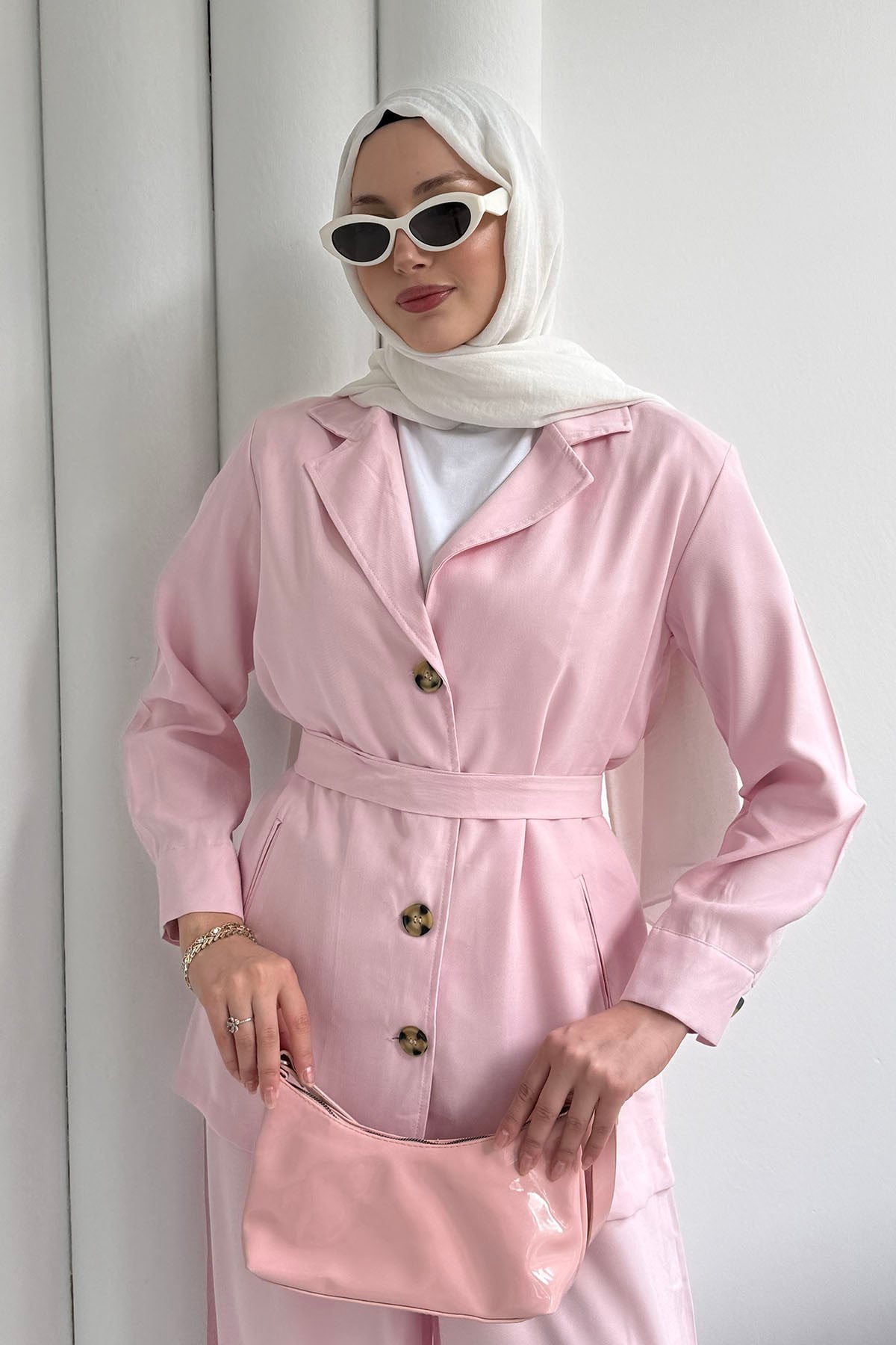Oversize Ceket Pantolon Tesettür Takım-PEMBE