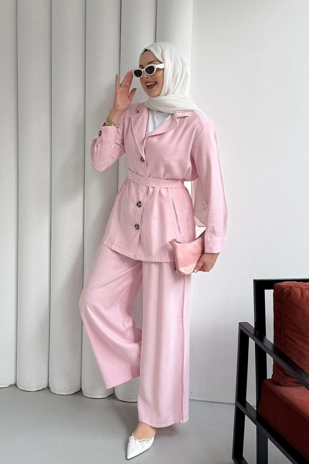 Oversize Ceket Pantolon Tesettür Takım-PEMBE