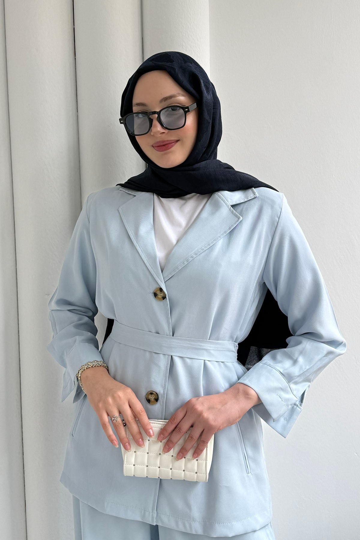 Oversize Ceket Pantolon Tesettür Takım-BEBE MAVİ