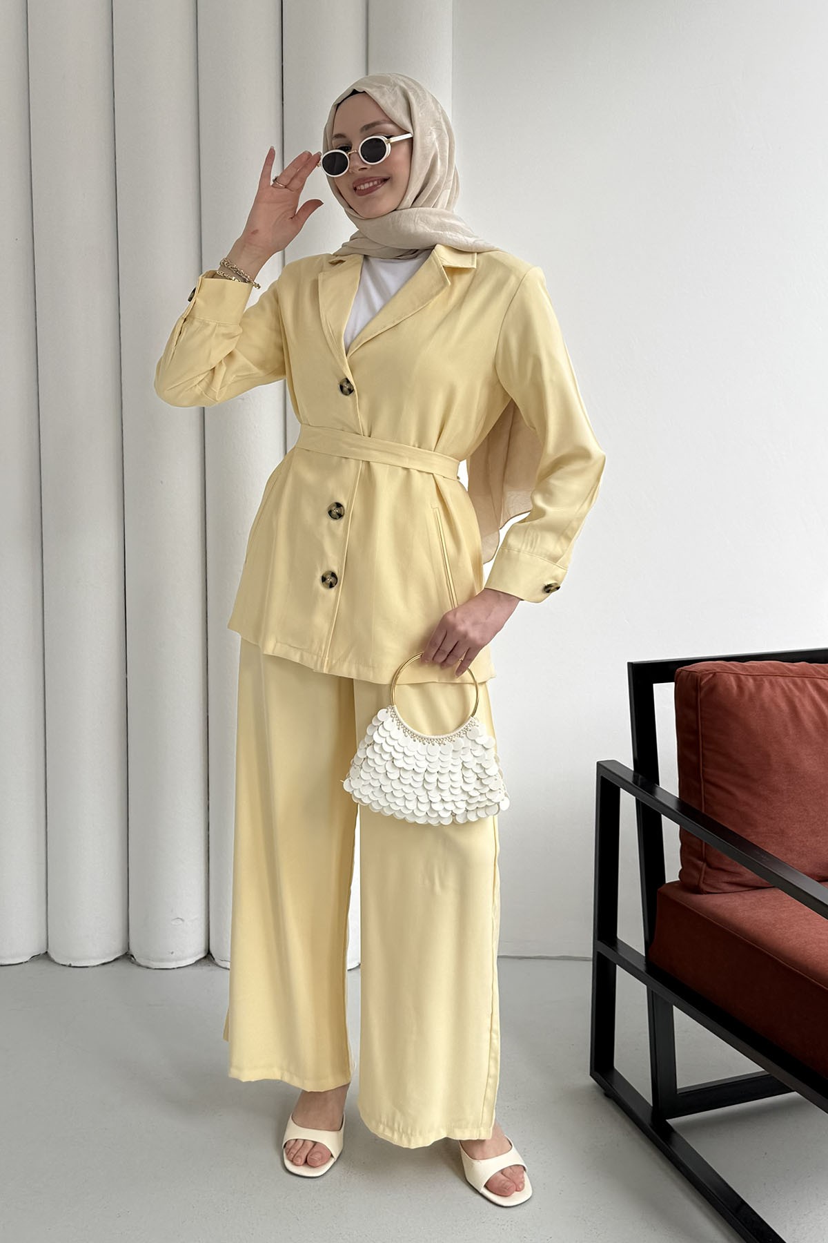 Oversize Ceket Pantolon Tesettür Takım-SARI