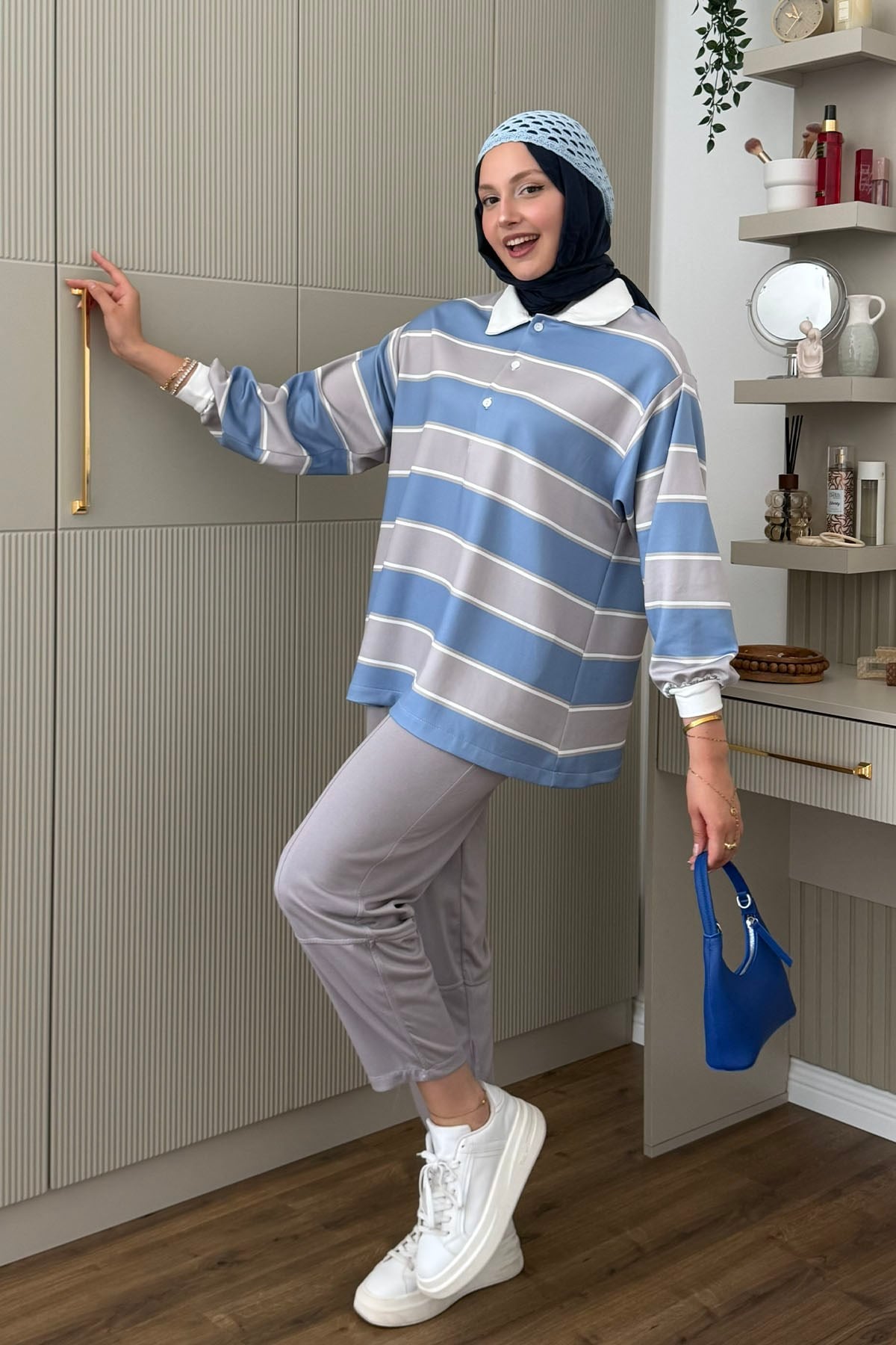 Oversize Çizgili Polo Yaka Pantolonlu Tesettür Takım-MAVİ