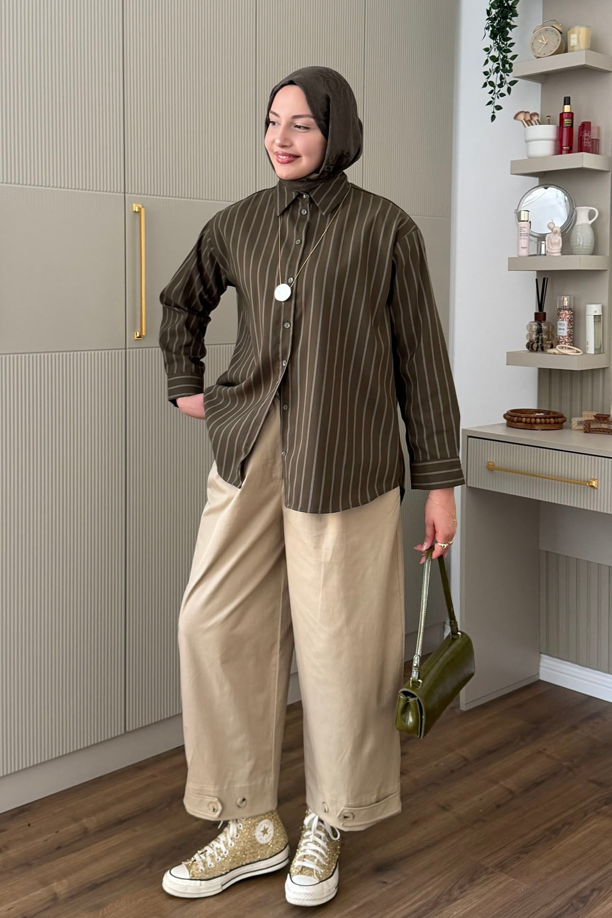 Oversize Çizgili Salaş Gömlek-HAKİ YEŞİL