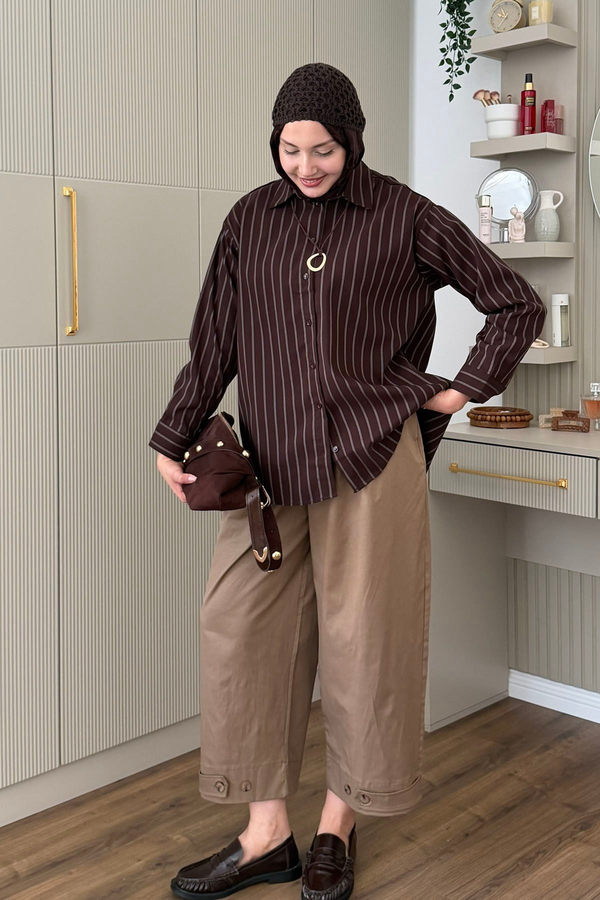 Oversize Çizgili Salaş Gömlek-KAHVERENGİ