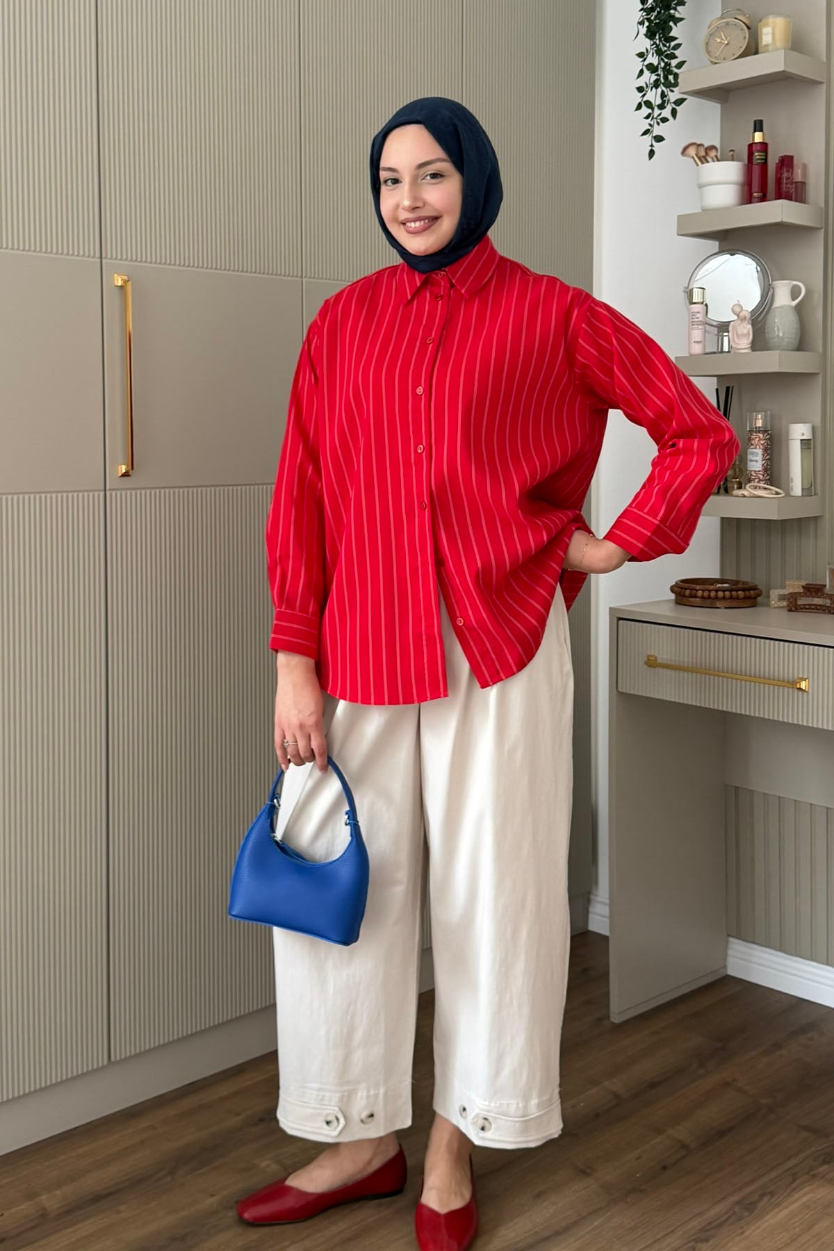 Oversize Çizgili Salaş Gömlek-KIRMIZI