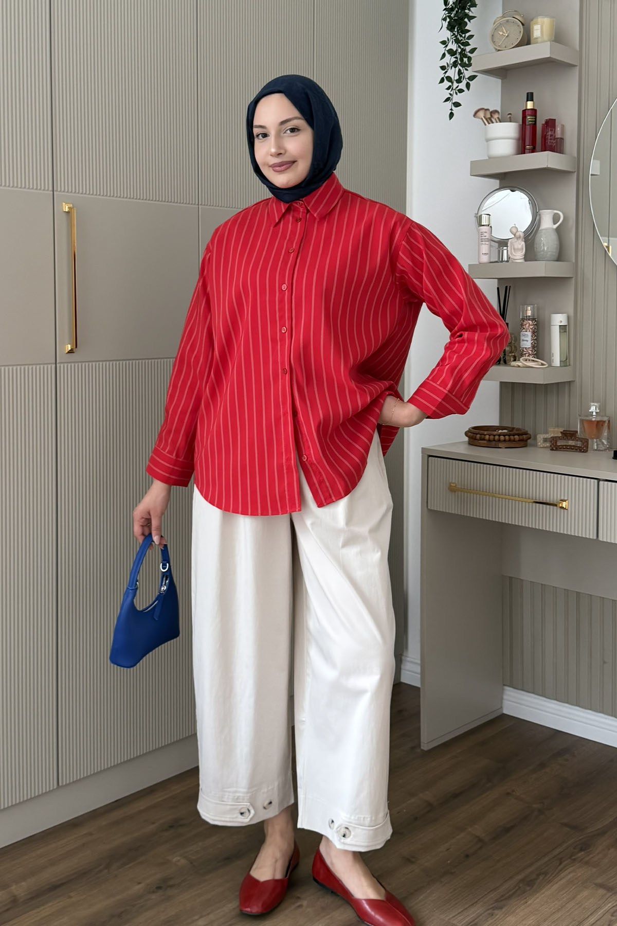 Oversize Çizgili Salaş Gömlek-KIRMIZI