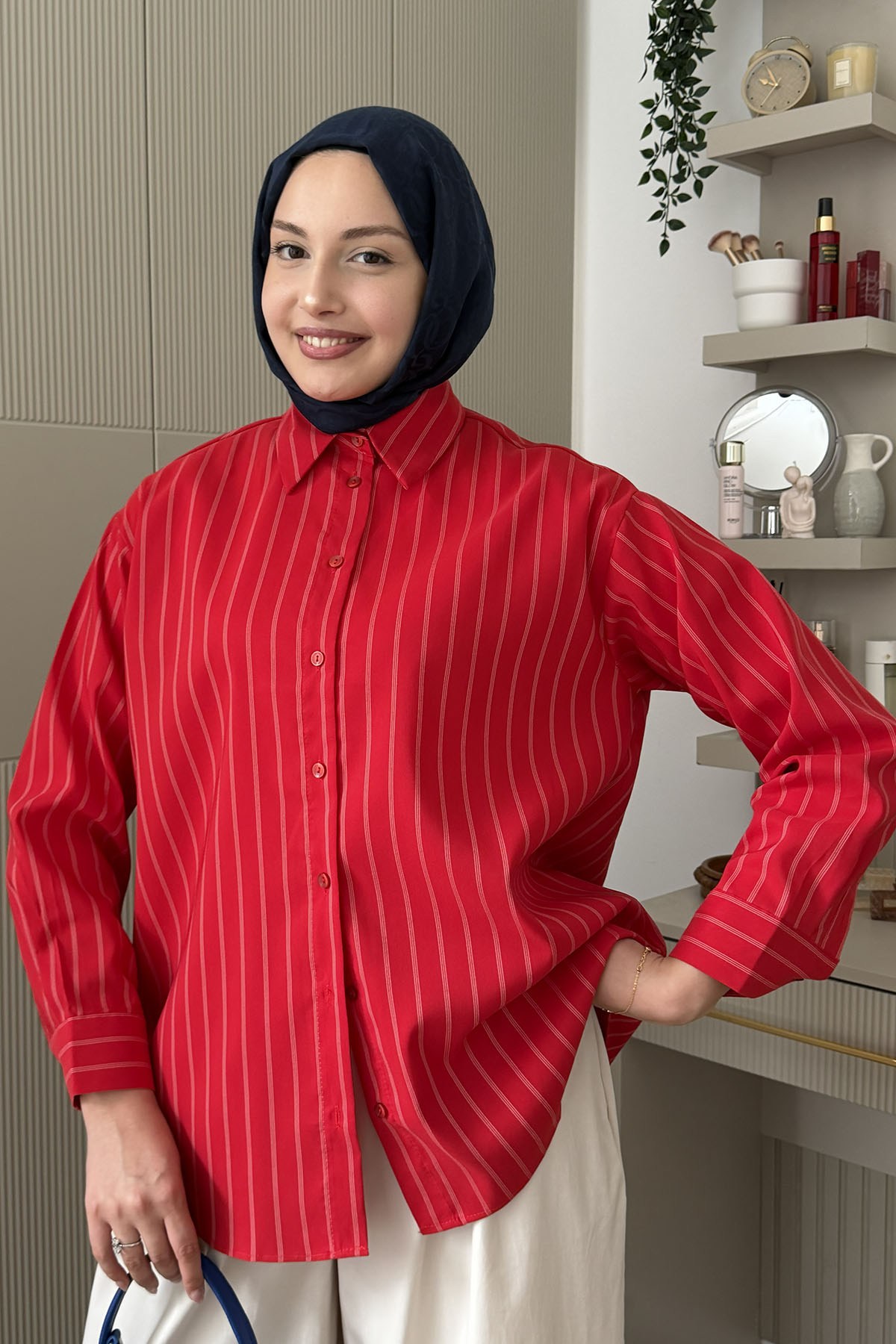Oversize Çizgili Salaş Gömlek-KIRMIZI