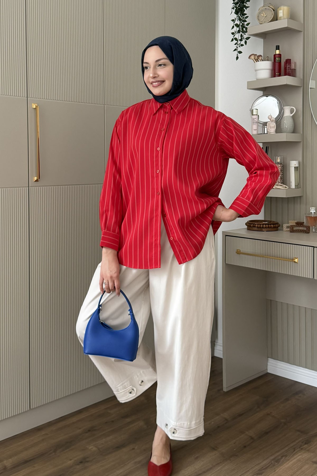 Oversize Çizgili Salaş Gömlek-KIRMIZI