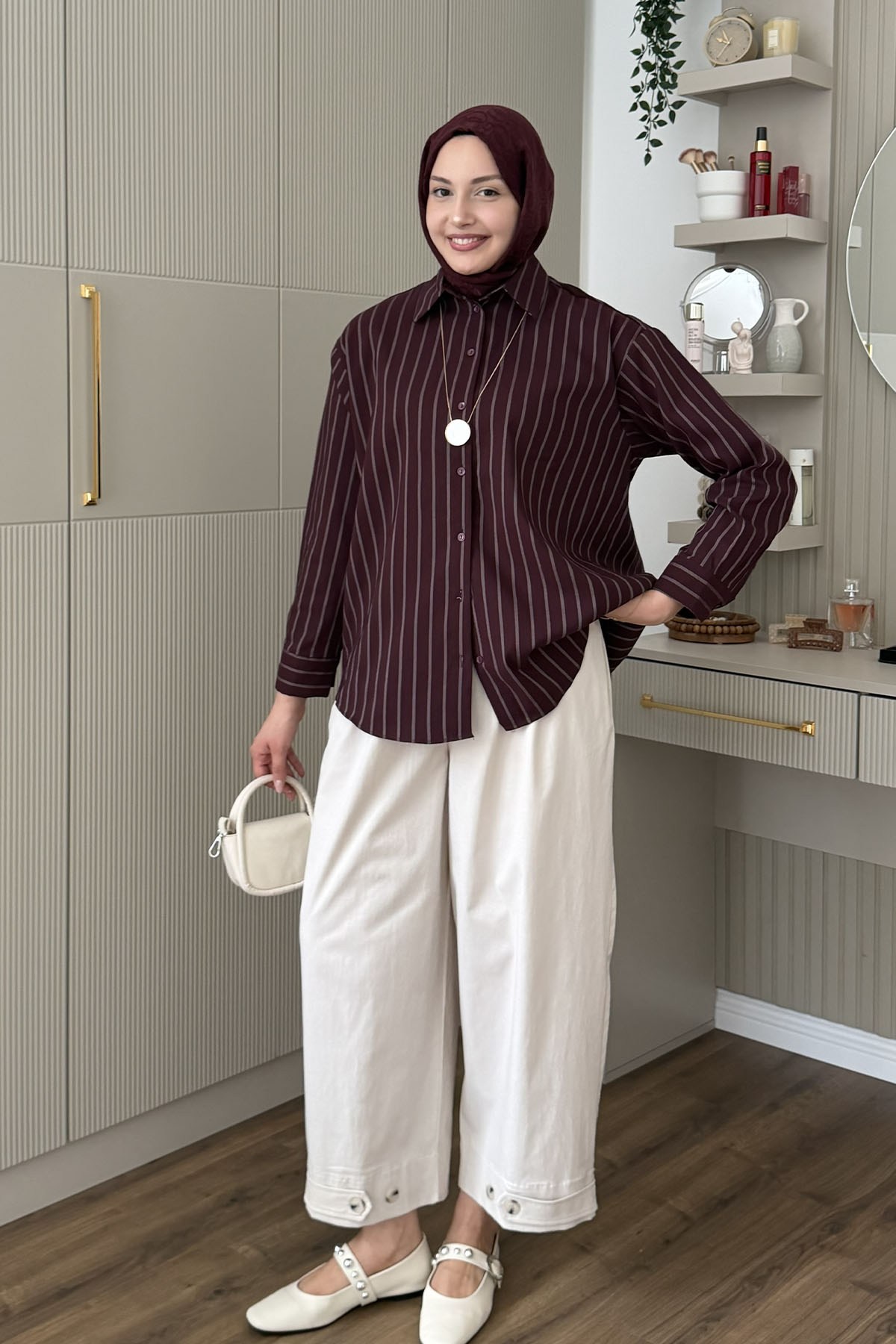 Oversize Çizgili Salaş Gömlek-MÜRDÜM