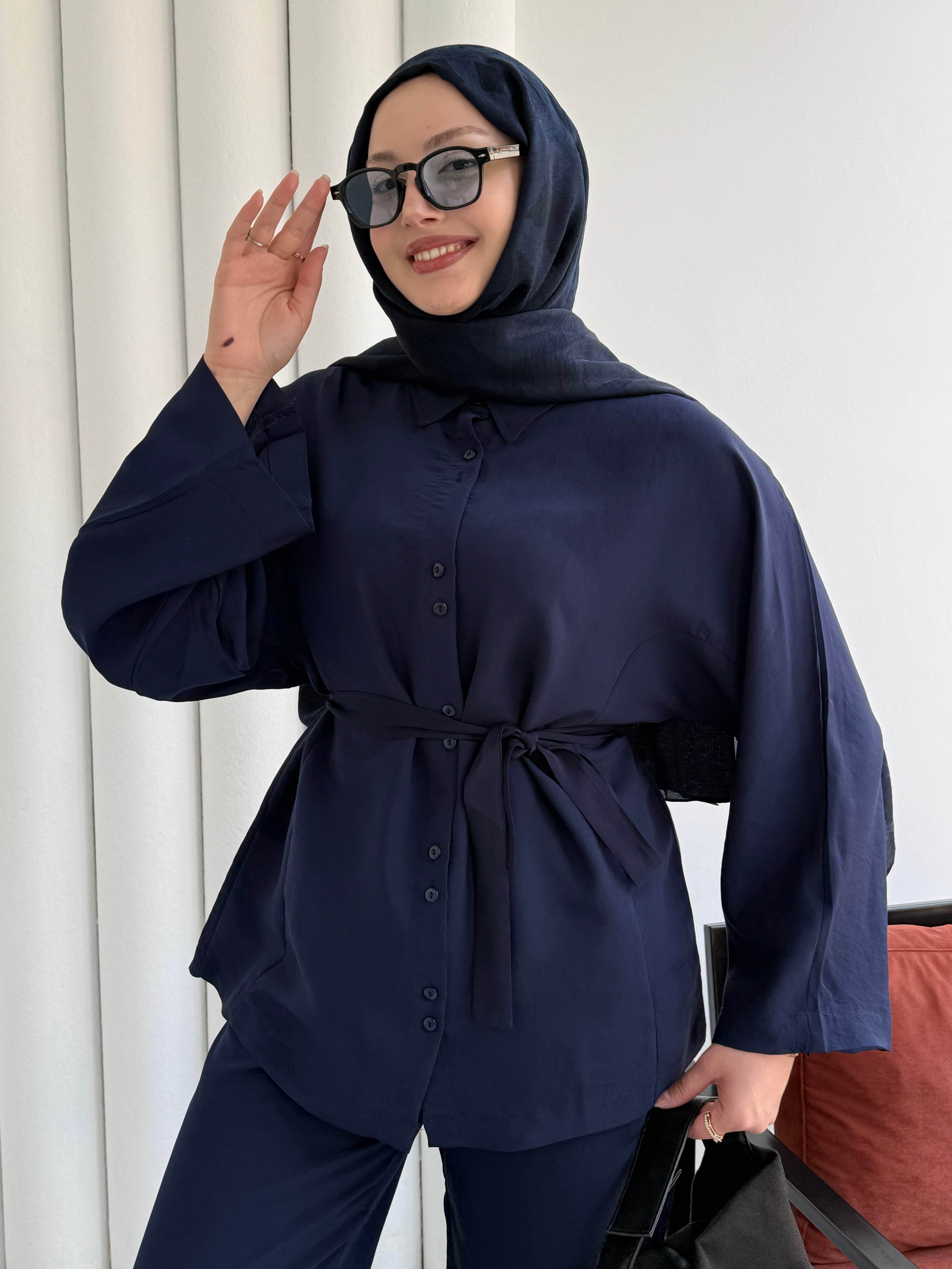 Oversize Gömlek Pantolon Tesettür Takım-LACİVERT