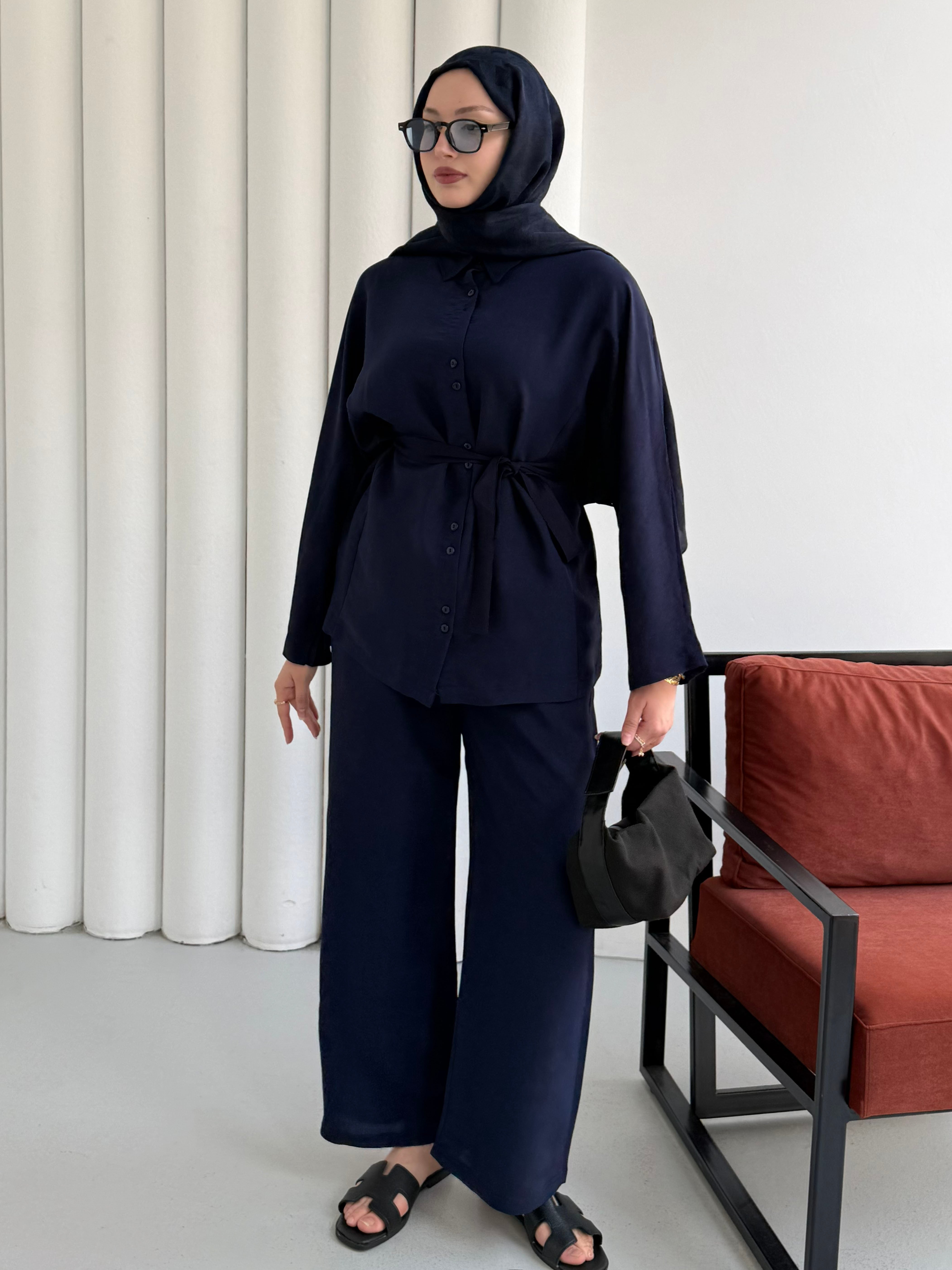 Oversize Gömlek Pantolon Tesettür Takım-LACİVERT