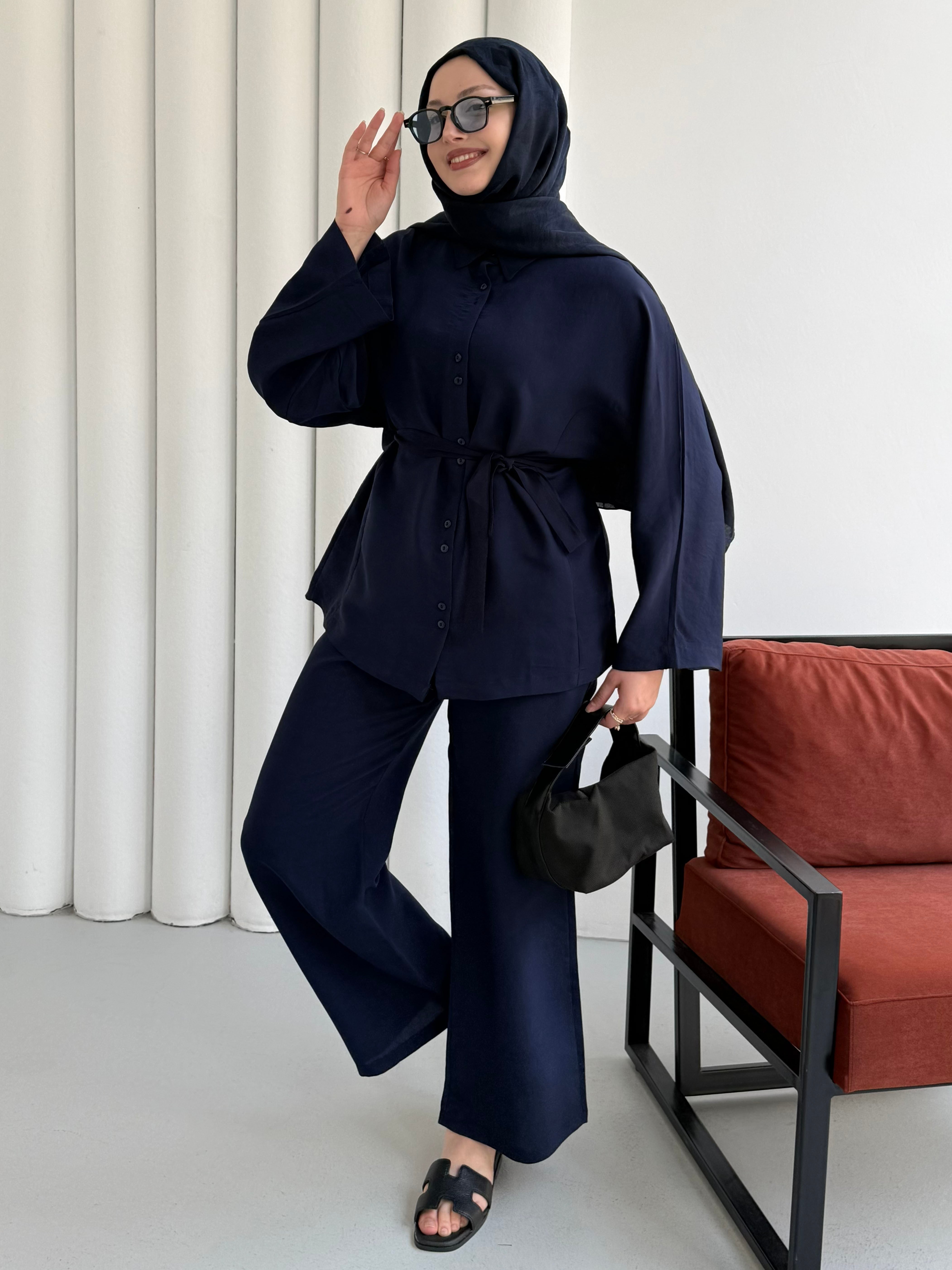 Oversize Gömlek Pantolon Tesettür Takım-LACİVERT