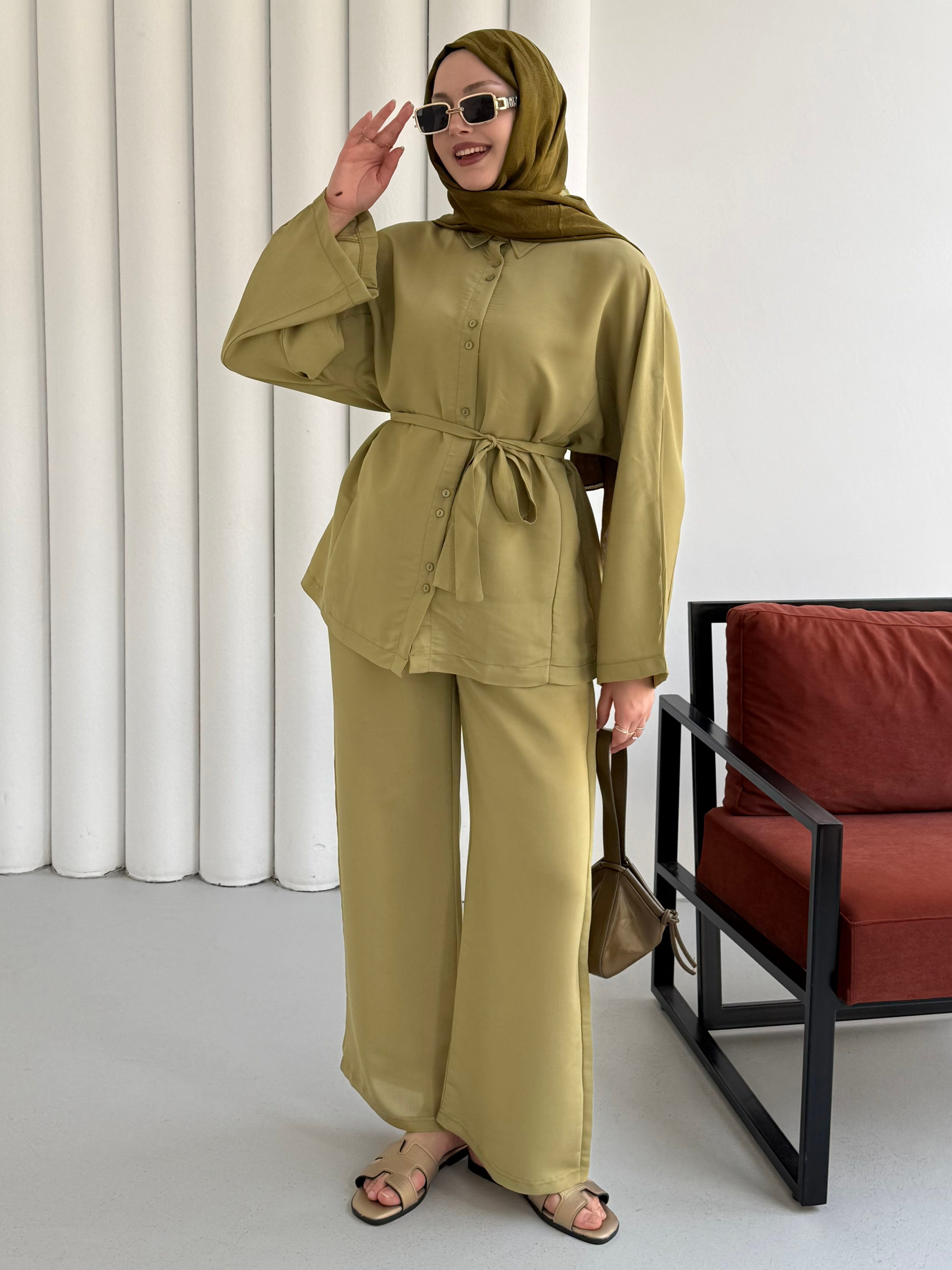 Oversize Gömlek Pantolon Tesettür Takım-YAĞ YEŞİLİ