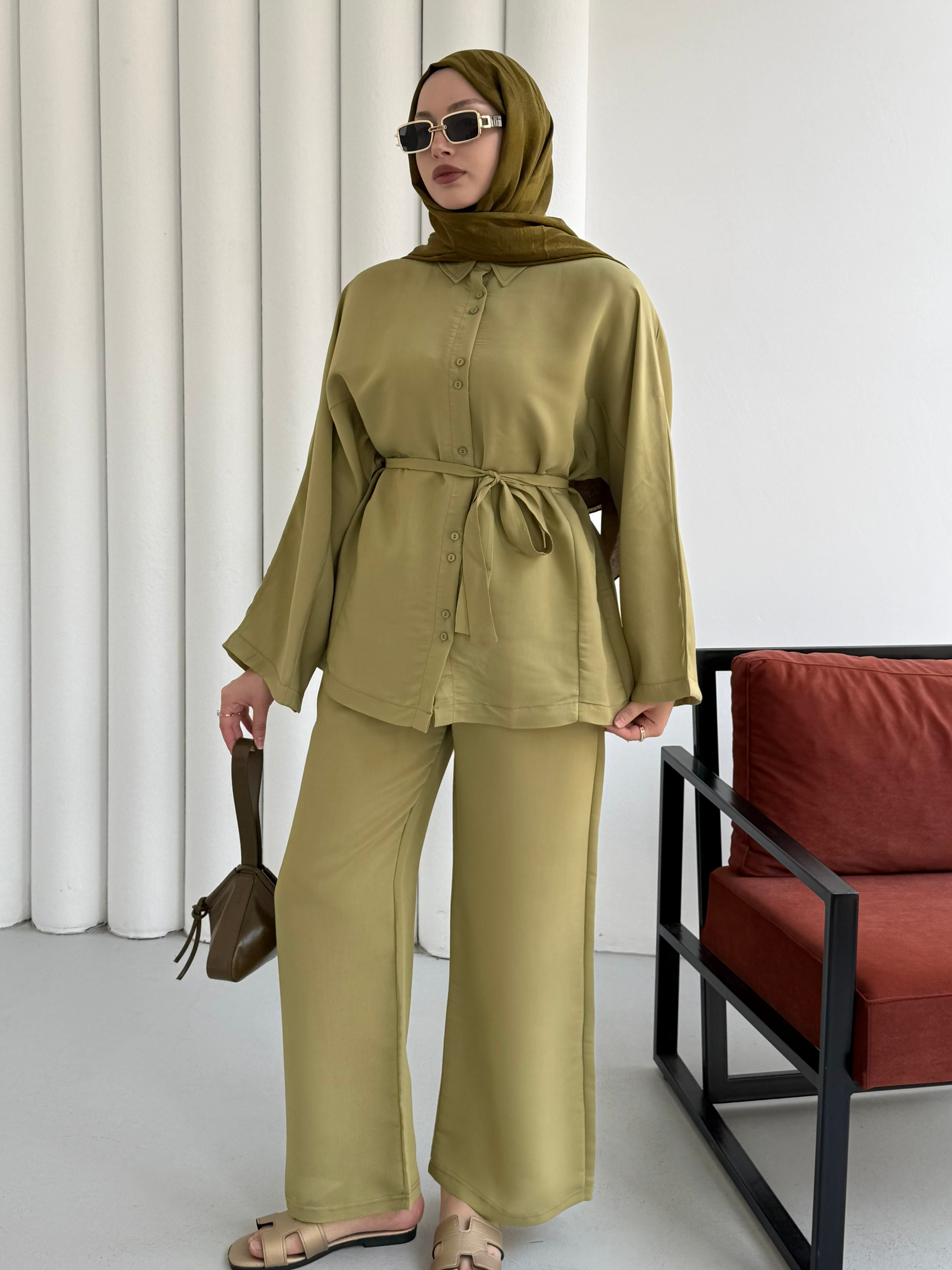 Oversize Gömlek Pantolon Tesettür Takım-YAĞ YEŞİLİ