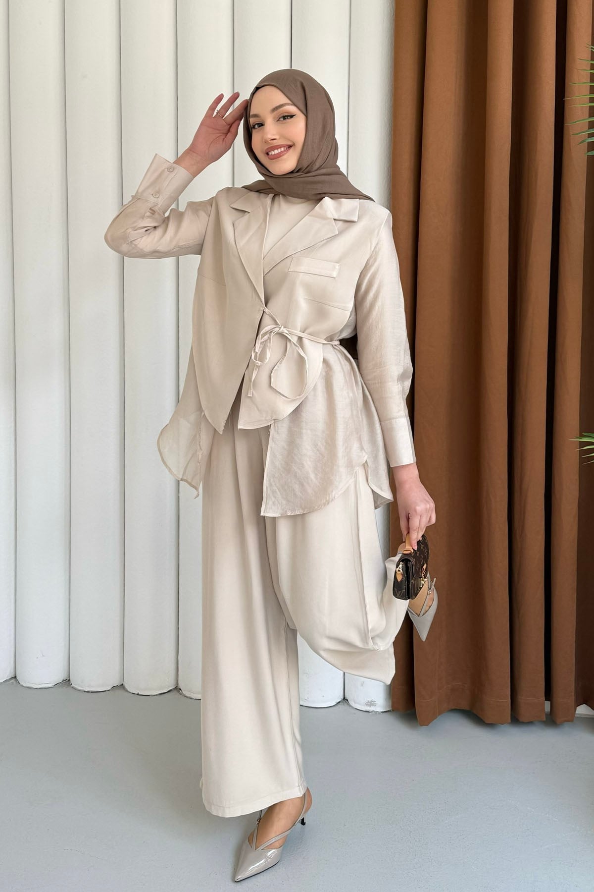 Oversize Şifon & Tül Detaylı Ceket Pantolon Tesettür Takım-TAŞ