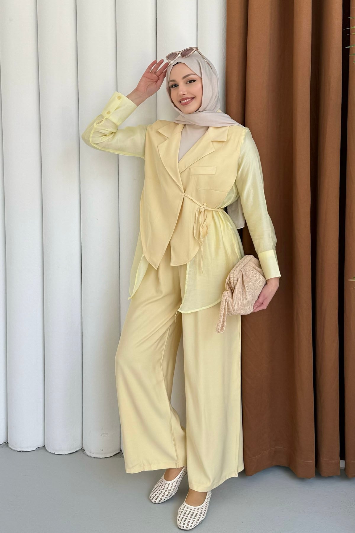 Oversize Şifon & Tül Detaylı Ceket Pantolon Tesettür Takım-SARI