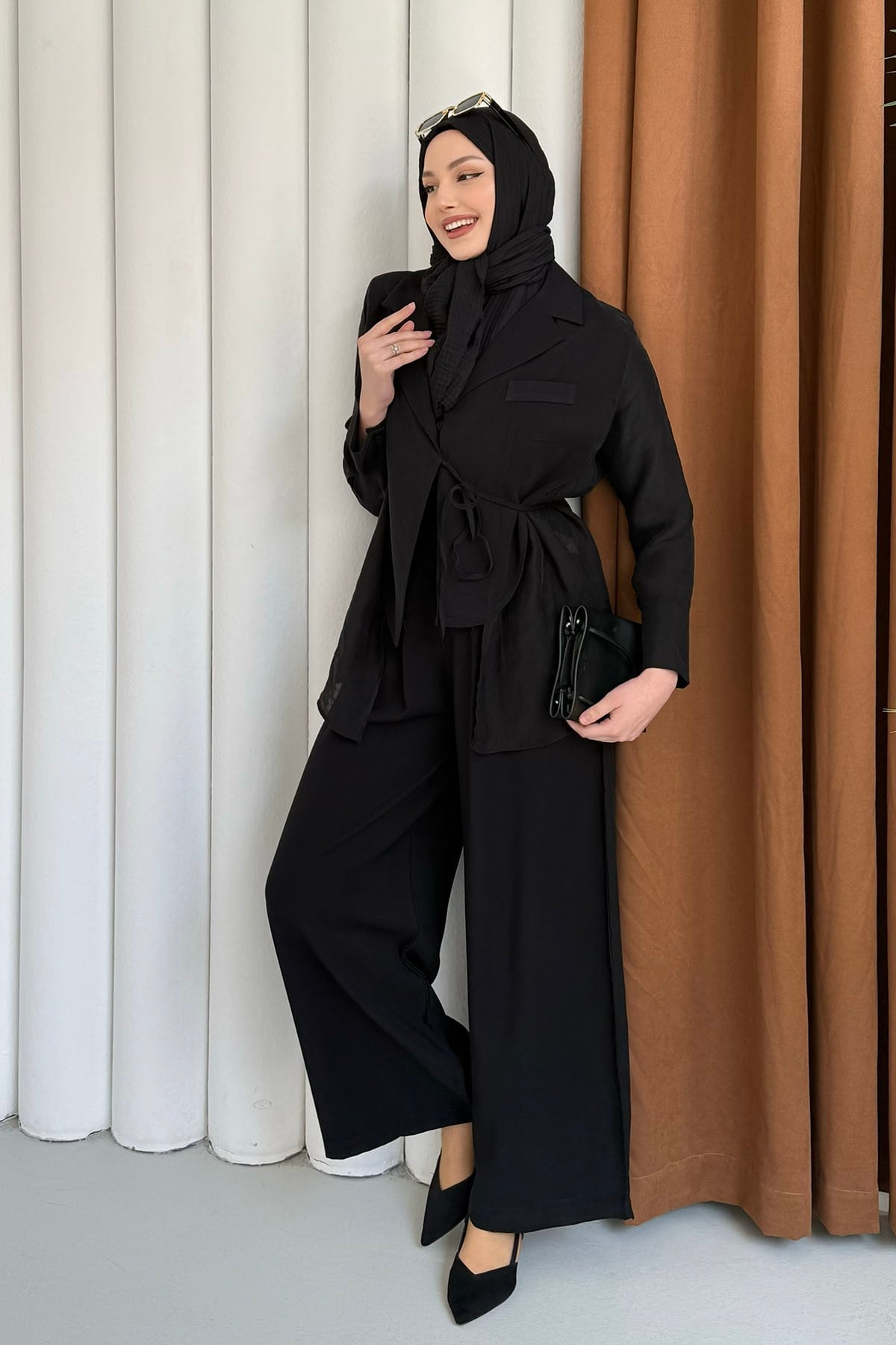 Oversize Şifon & Tül Detaylı Ceket Pantolon Tesettür Takım-SİYAH