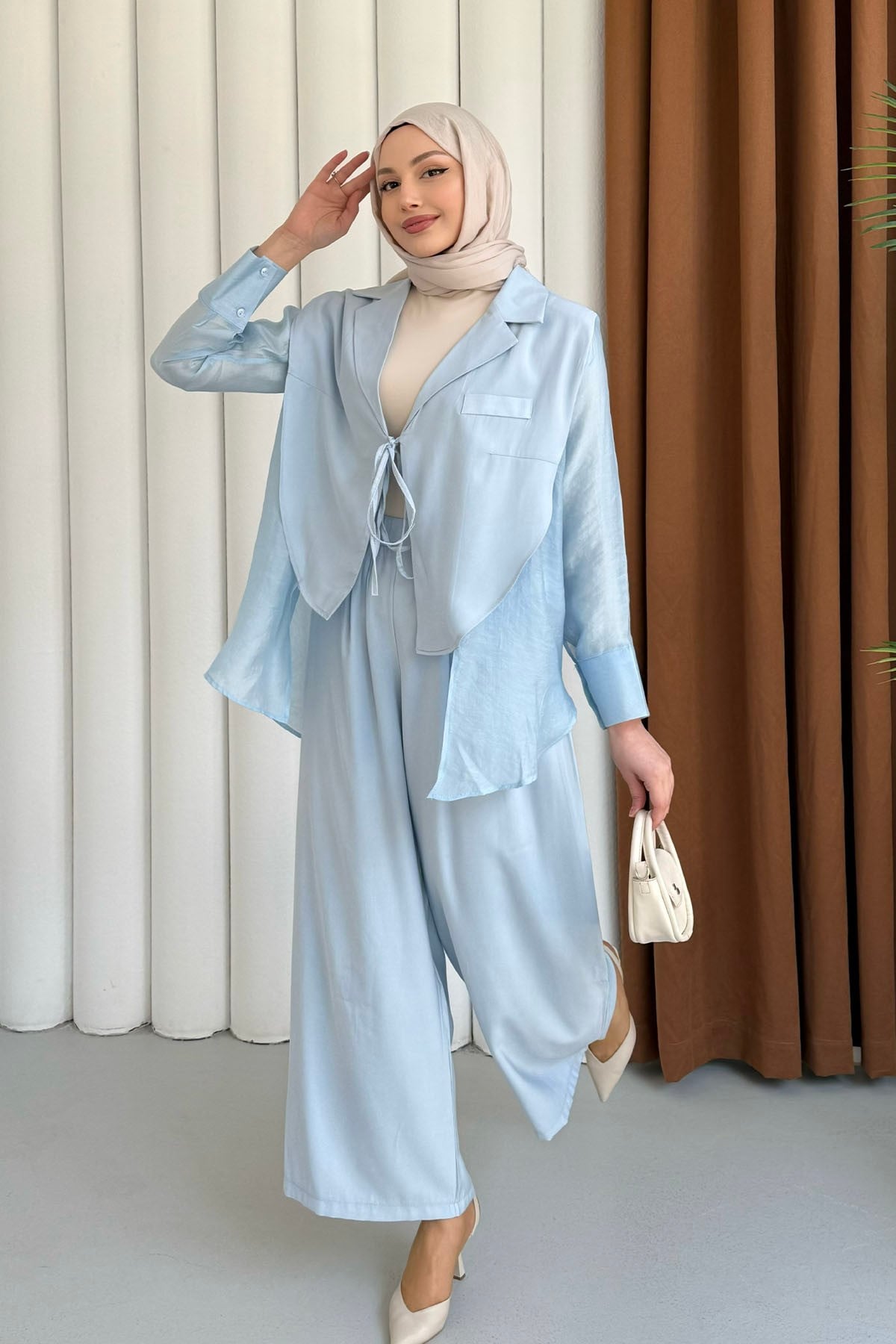 Oversize Şifon & Tül Detaylı Ceket Pantolon Tesettür Takım-BEBE MAVİ
