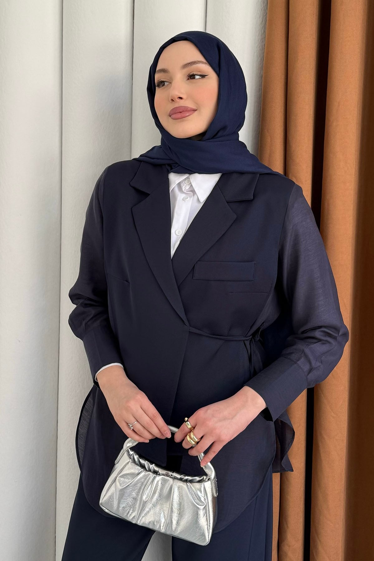 Oversize Şifon & Tül Detaylı Pamuklu Ceket-LACİVERT