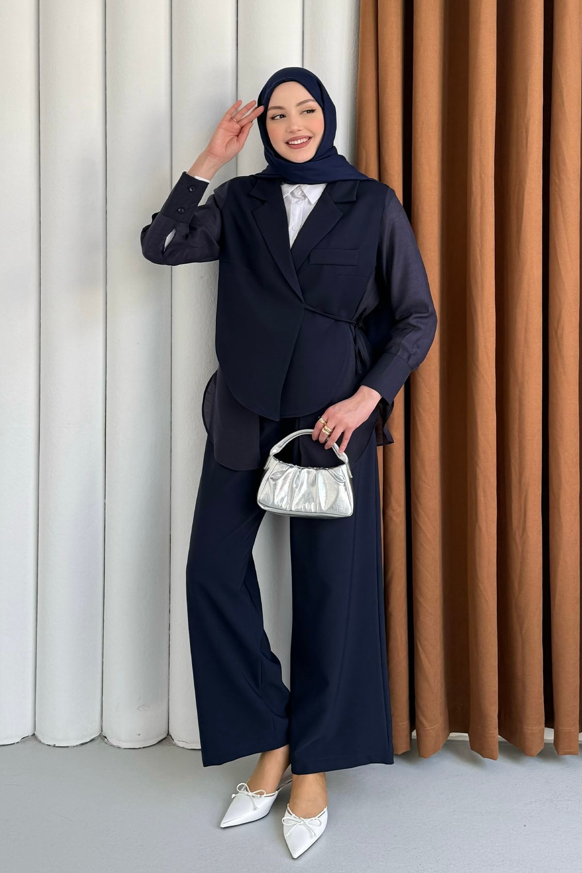 Oversize Şifon & Tül Detaylı Pamuklu Ceket-LACİVERT