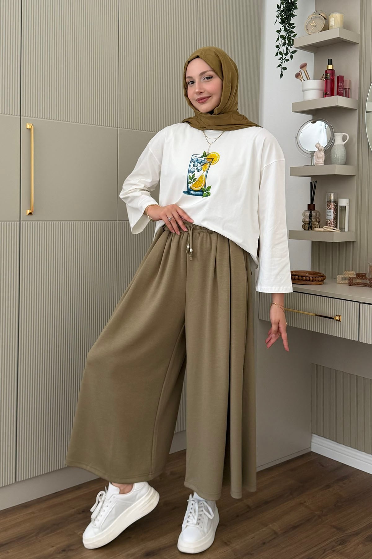 Oysho Beli İpli Lastikli Bol Paça Etek Pantolon-HAKİ YEŞİL