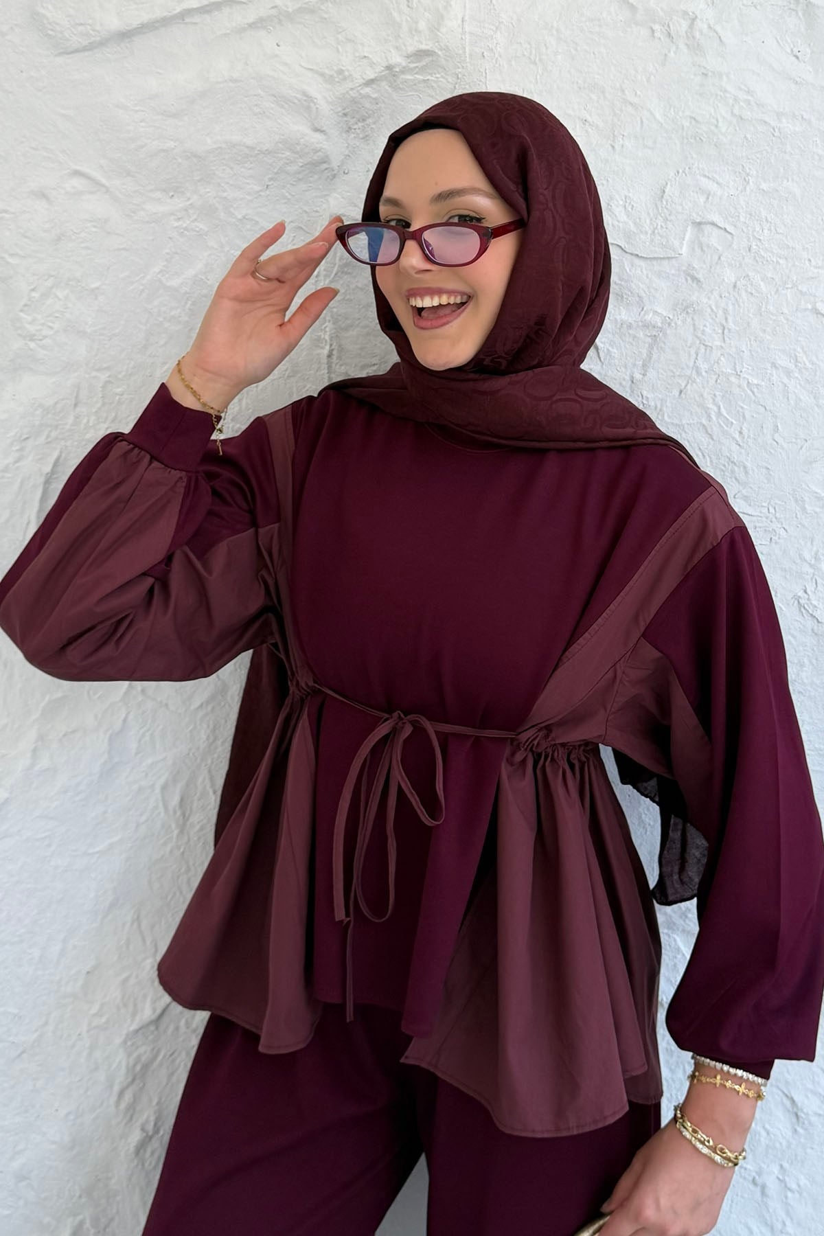 Oysho Kumaş Gömlek Detaylı Belden Büzgülü Tesettür Takım-BORDO