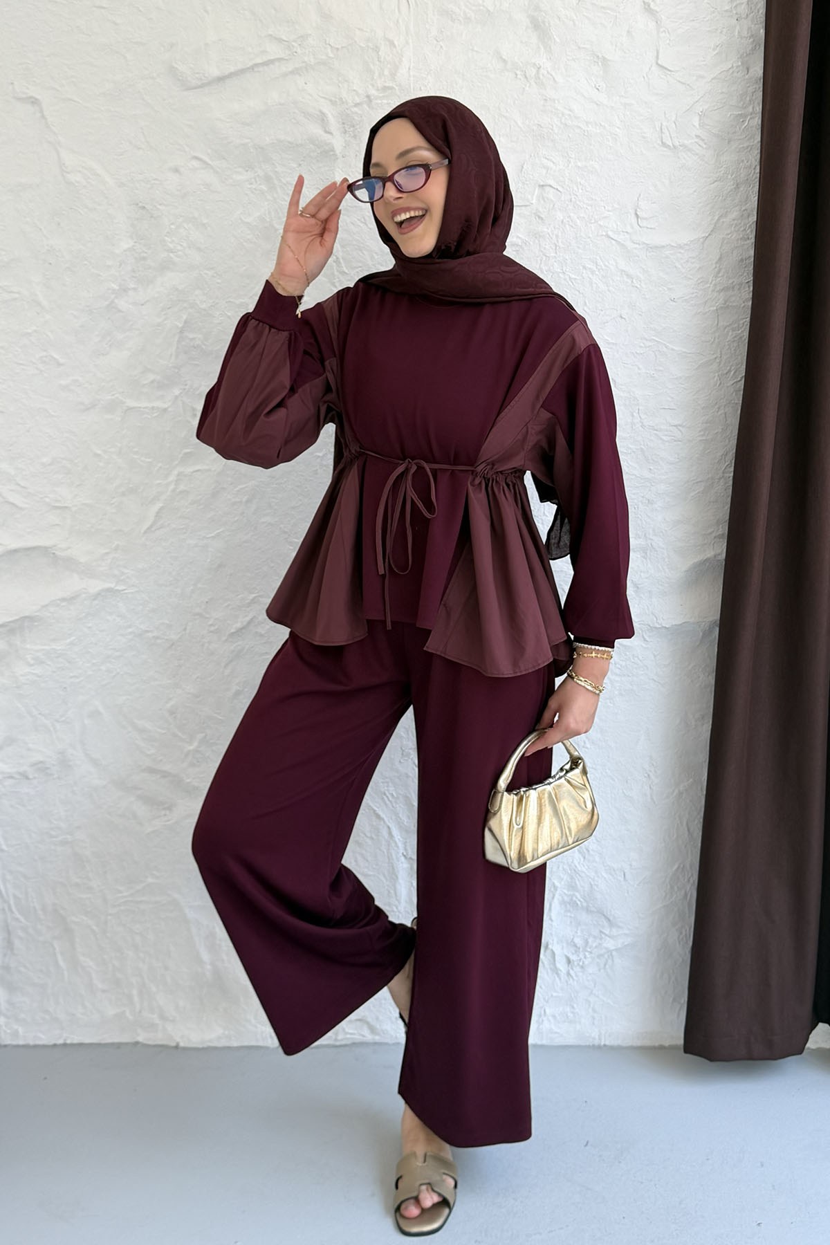 Oysho Kumaş Gömlek Detaylı Belden Büzgülü Tesettür Takım-BORDO