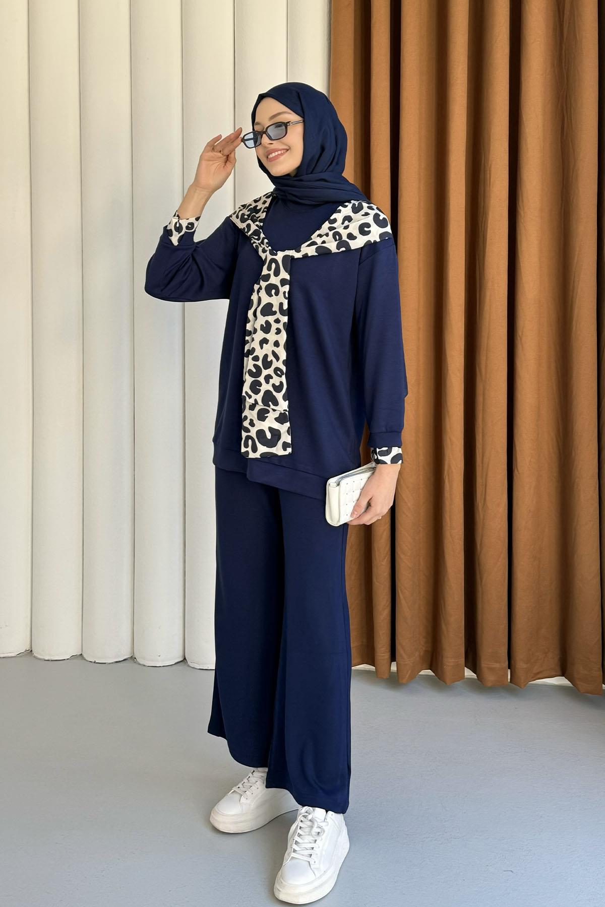 Oysho Kumaş Leopar Desenli Pantolonlu Tesettür Takım-LACİVERT