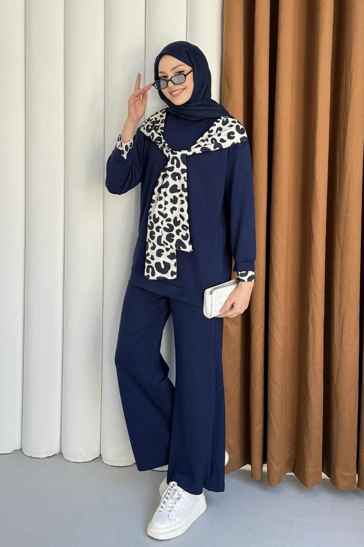 Oysho Kumaş Leopar Desenli Pantolonlu Tesettür Takım-LACİVERT