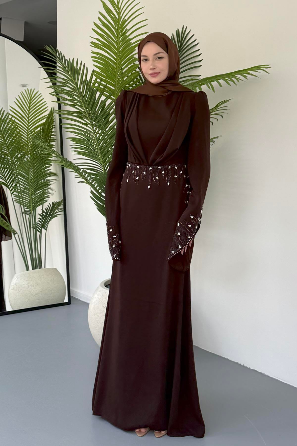 Parıltı Taş Detaylı Tesettür Abiye-ACI KAHVE
