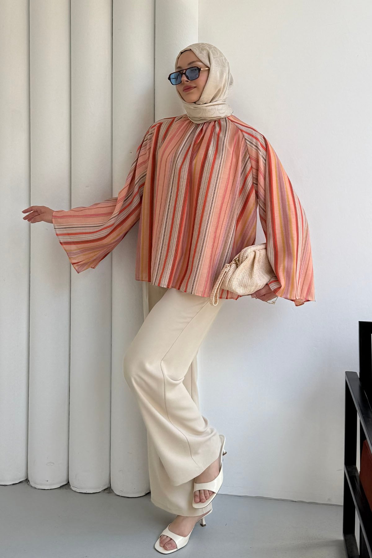 Pastel Çizgi Desenli Rahat Kesim Gömlek-ORANGE