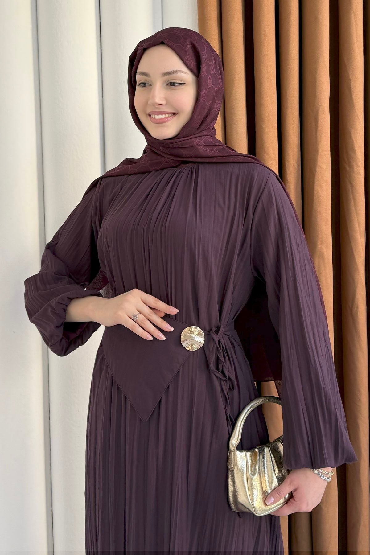 Pelerin Kemerli Kraşlı Vual Tesettür Elbise-MÜRDÜM