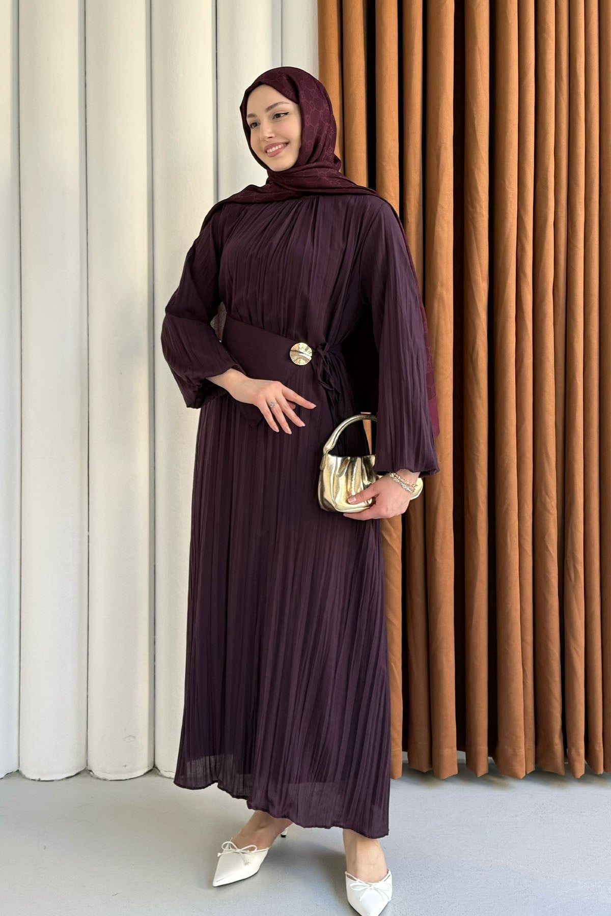 Pelerin Kemerli Kraşlı Vual Tesettür Elbise-MÜRDÜM