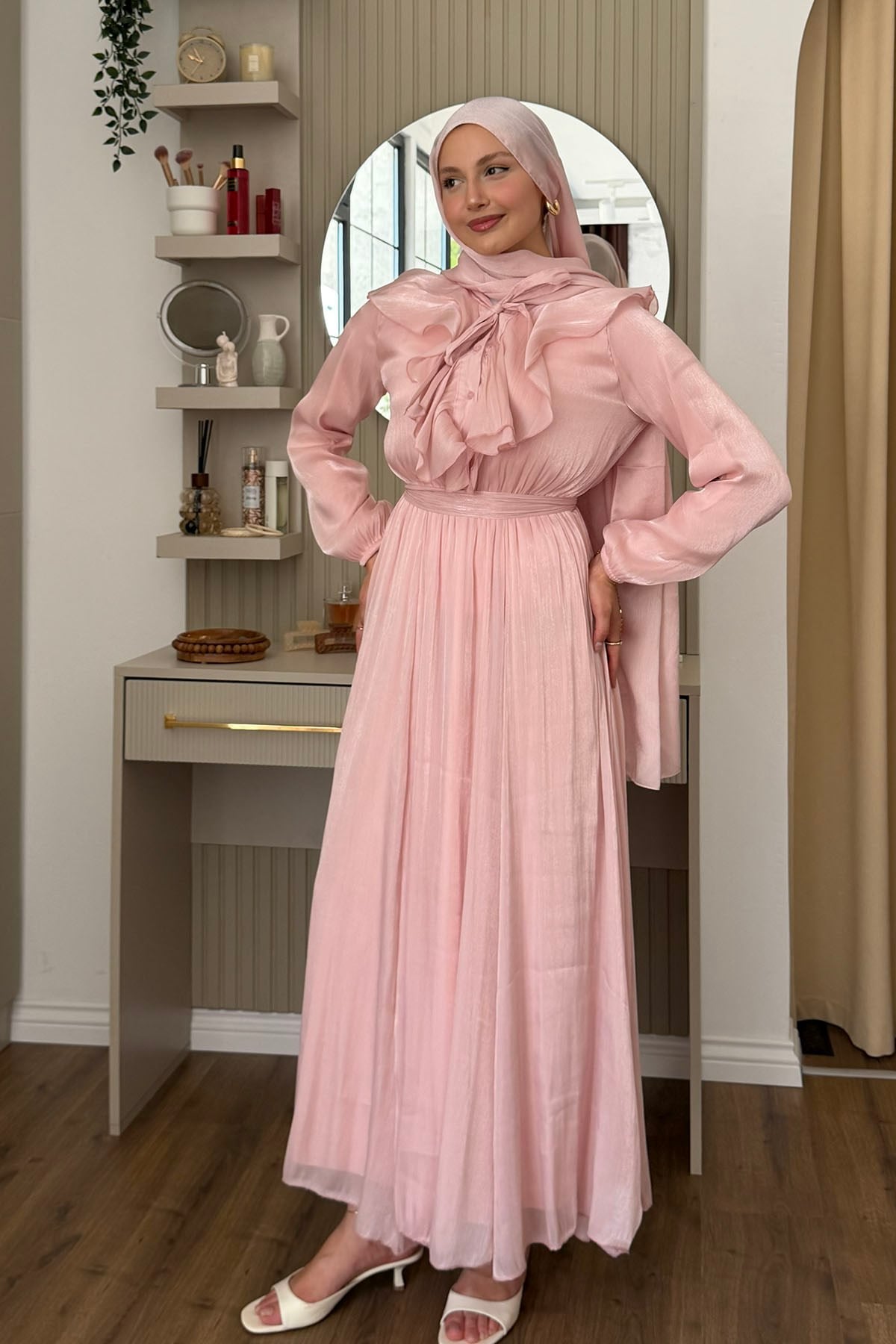 Premium Janjan Kumaş Yarım Düğmeli Tesettür Elbise-PEMBE