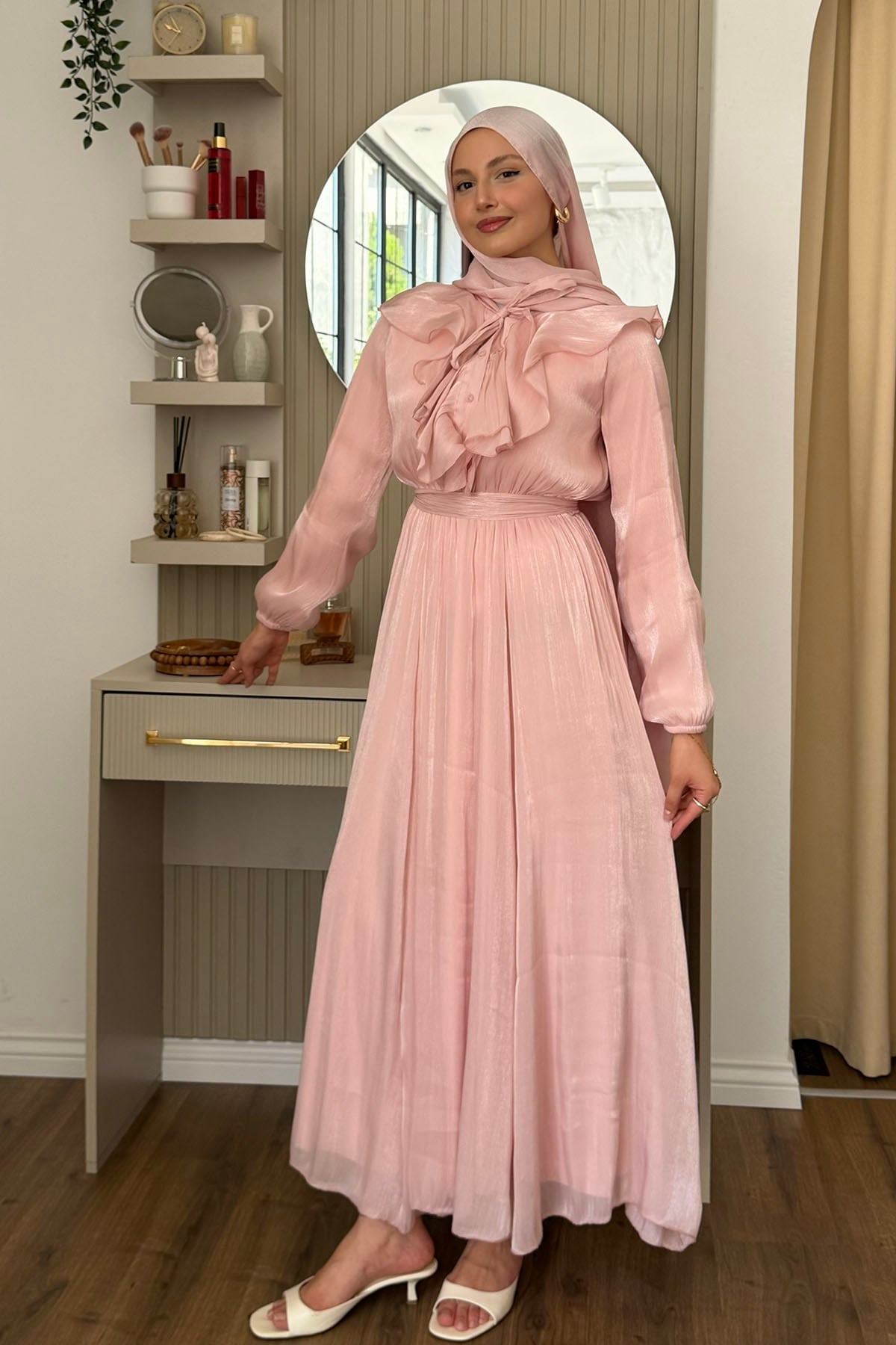 Premium Janjan Kumaş Yarım Düğmeli Tesettür Elbise-PEMBE